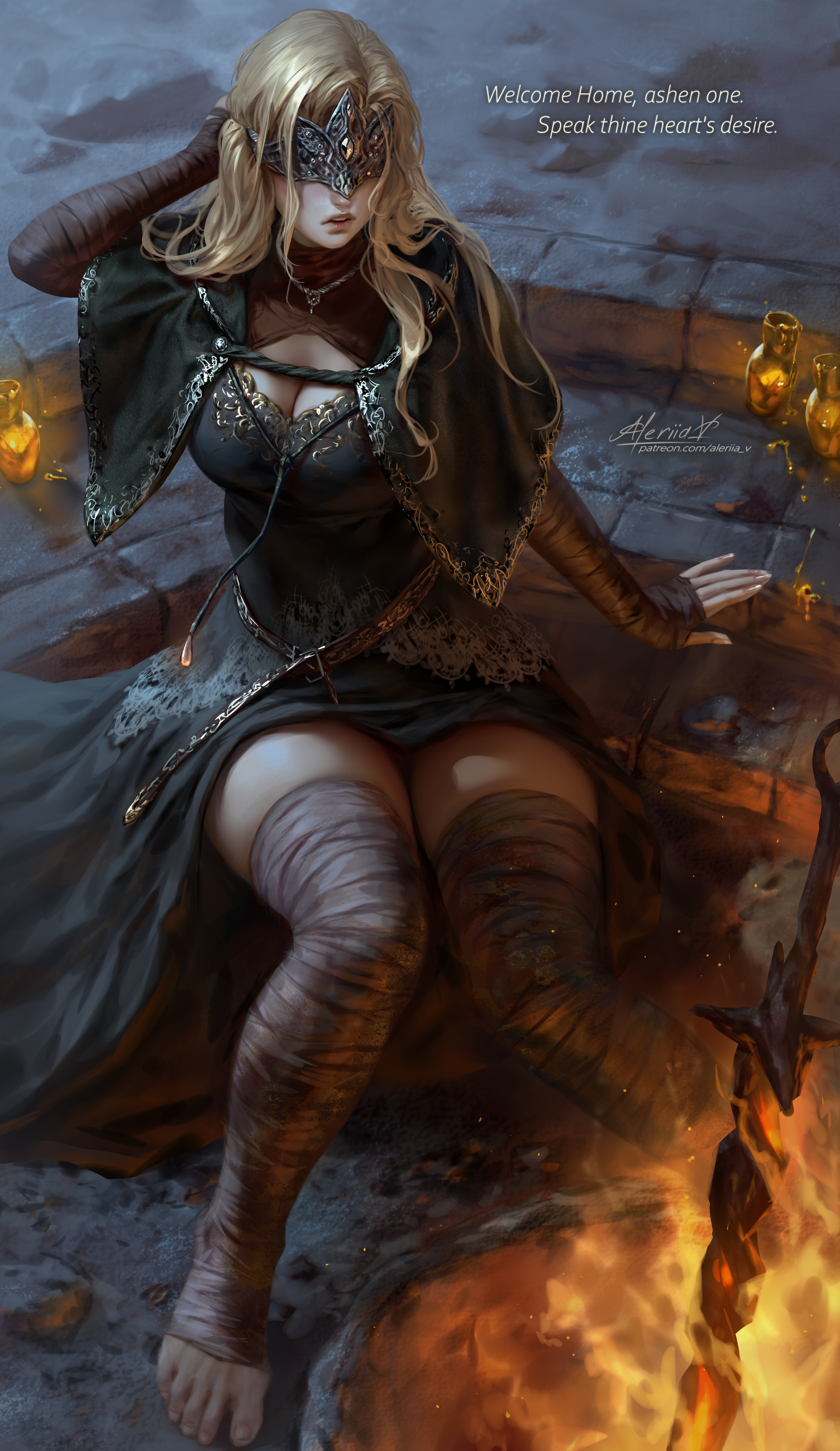 General 3184x5500 Fire Keeper Dark Souls video game characters artwork drawing fan art thick thigh dress upskirt blonde Lera Pi cleavage video games video game girls fire portrait display blindfold signature watermarked text long hair