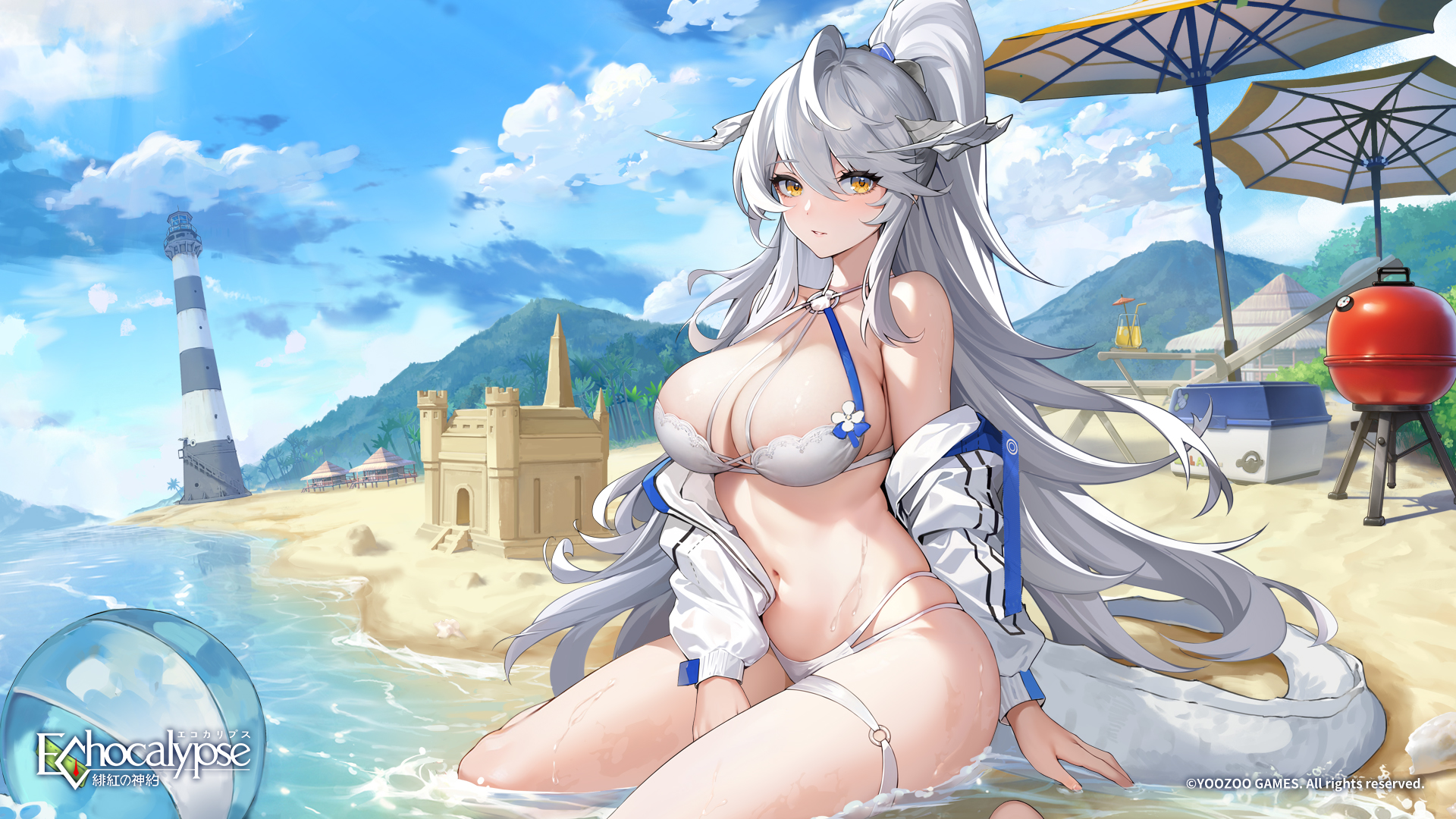 Anime 1920x1080 Echocalypse swimwear anime girls white bikini Guinevere (Echocalypse) gray hair yellow eyes huge breasts cleavage open jacket lighthouse white jacket sand castle thigh strap watermarked water parasol bikini Japanese bare shoulders horns hills tail sand ball clouds hand(s) between legs sky thighs looking at viewer women on beach jacket beach umbrella beach hair between eyes sitting