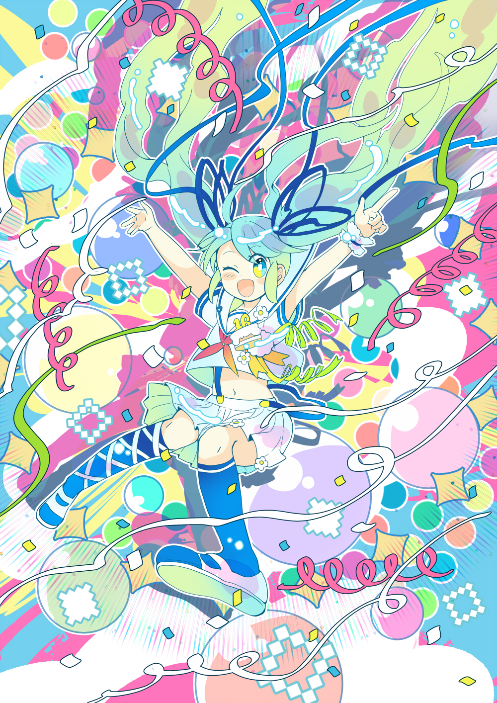 Anime 1000x1414 anime anime girls Hatsune Miku Vocaloid one eye closed long hair open mouth colorful portrait display graffiti blushing skirt twintails
