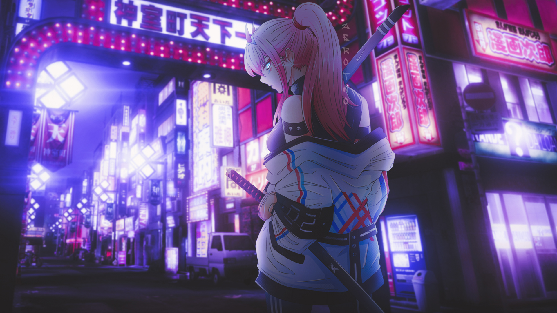 Anime 1920x1080 Zero Two (Darling in the FranXX) Darling in the FranXX cyberpunk Japan street art anime anime girls katana deamons Mori Calliope long hair ponytail looking at viewer sword weapon signs Japanese pink hair blue eyes hands in pockets