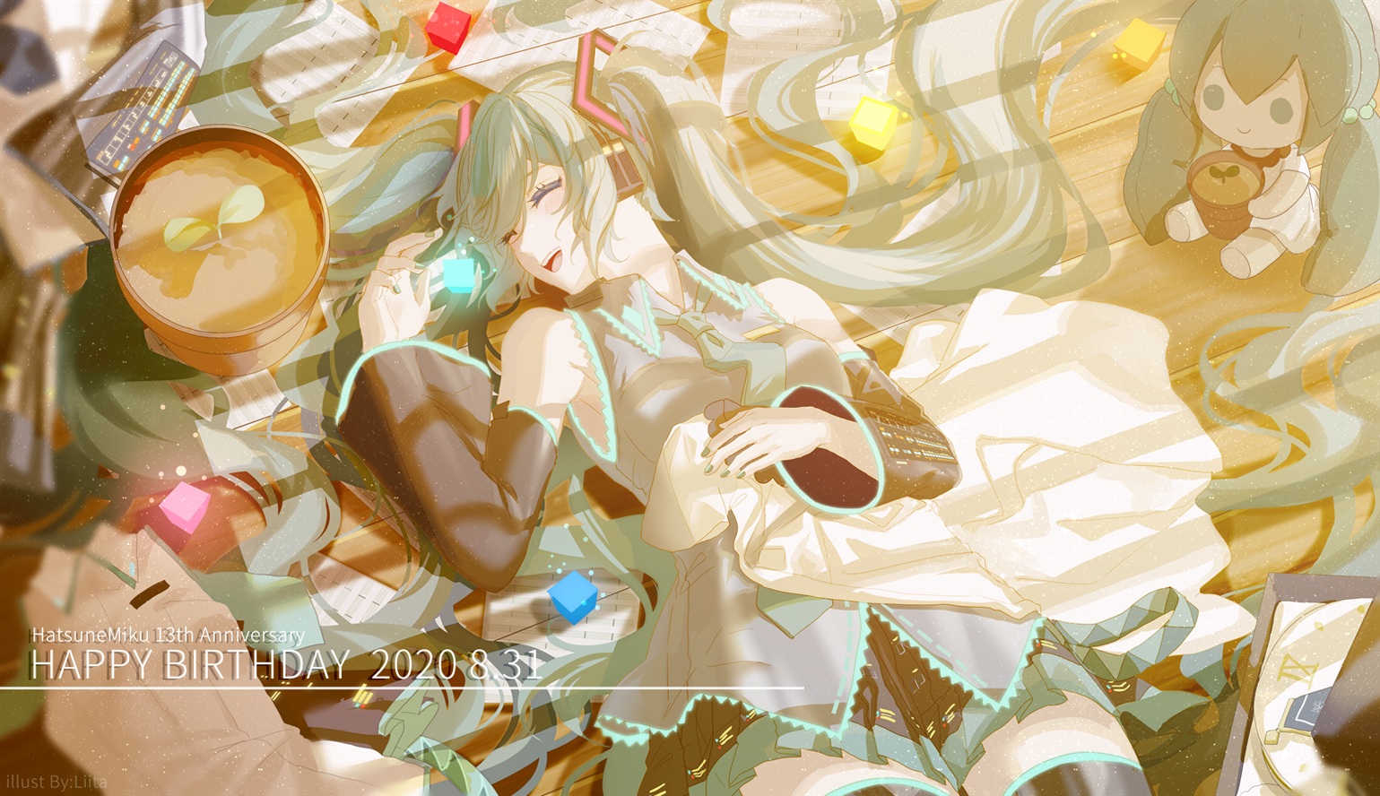 Anime 1539x888 anime anime girls Hatsune Miku Vocaloid anniversary long hair lying down lying on back closed eyes sunlight smiling twintails birthday signature artwork plush toy plants open mouth bare shoulders