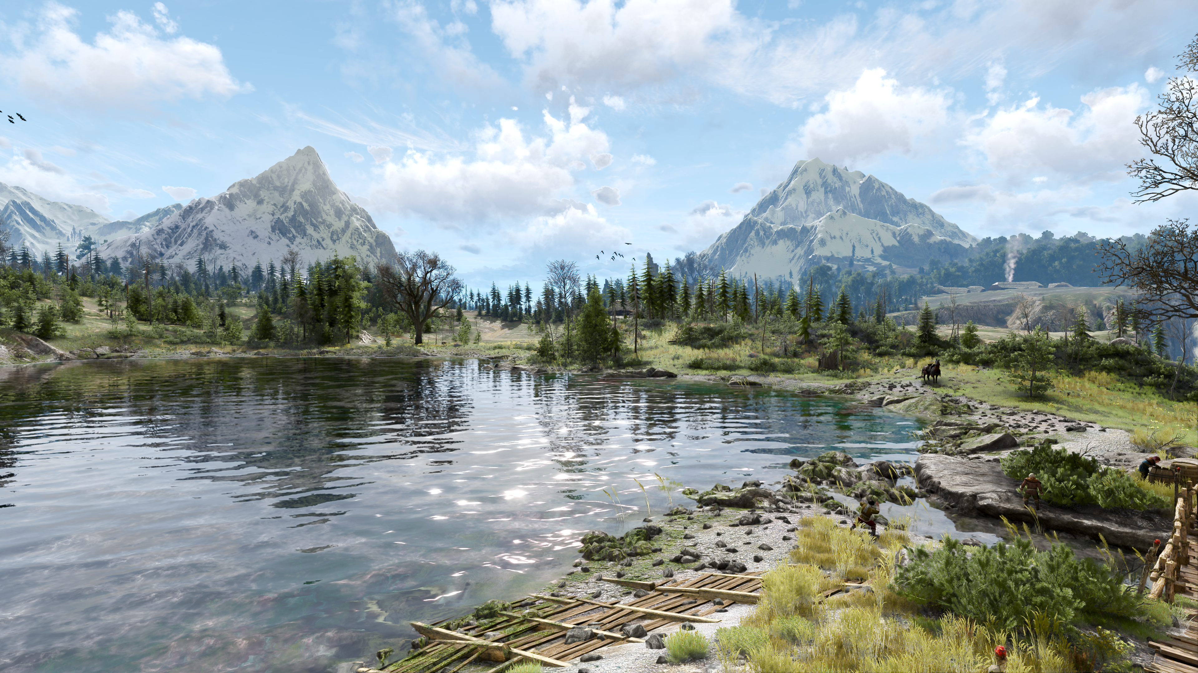 General 3840x2160 The Witcher 3: Wild Hunt screen shot water video game art CGI video games trees sky clouds snow mountains nature reflection landscape