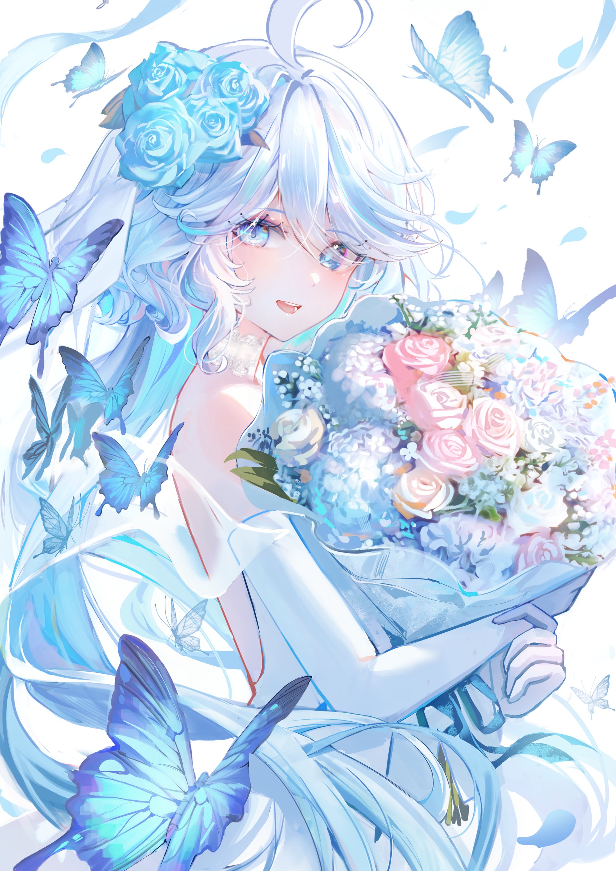 Anime 2000x2829 anime anime girls portrait display flowers insect elbow gloves butterfly long hair blue hair blue eyes flower in hair petals looking at viewer choker dress bouquet Furina (Genshin Impact) Genshin Impact