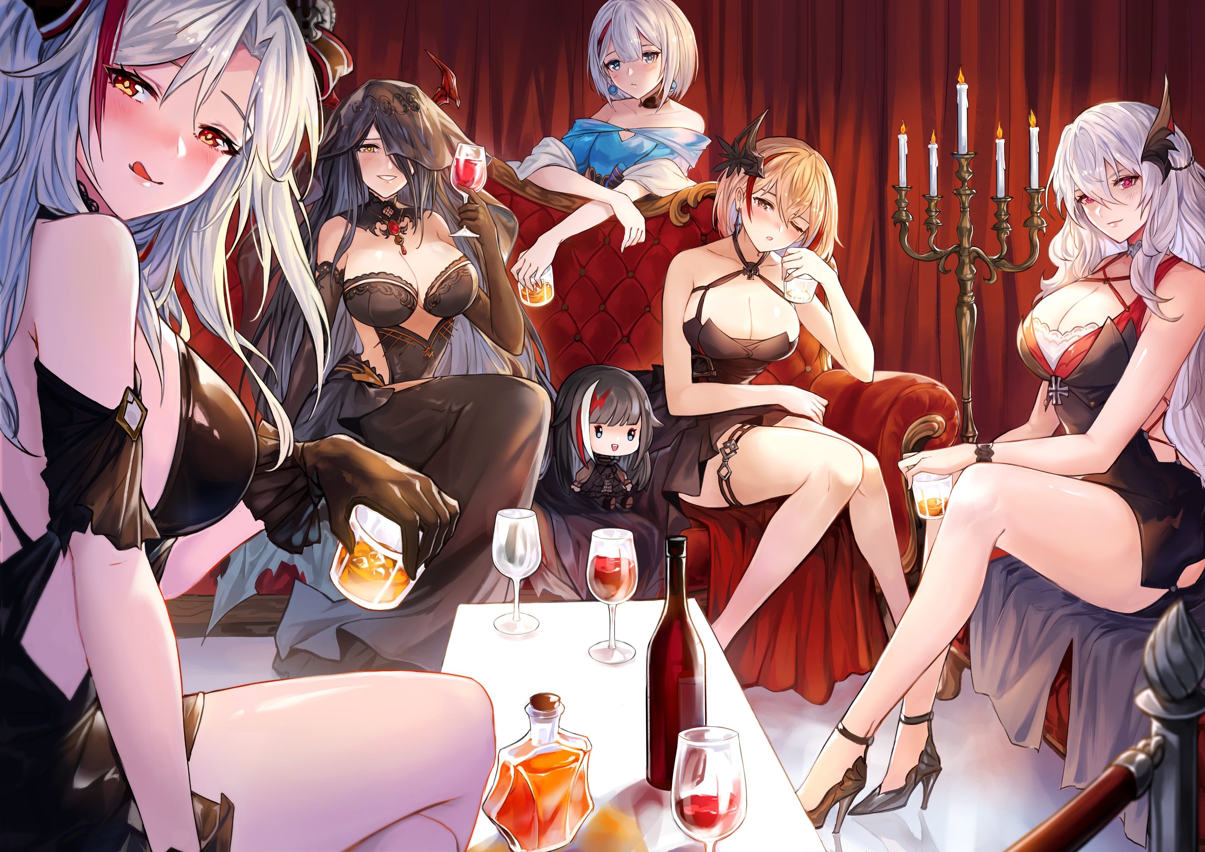 Anime 3988x2820 Azur Lane anime girls Roon (Azur Lane) table Friedrich der Grosse drink looking at viewer blushing heterochromia long hair Prinz Eugen (Azur Lane) dress candles sitting hair over one eye smiling gloves heels cleavage big boobs alcohol elbow gloves earring reflection one eye closed tongue out