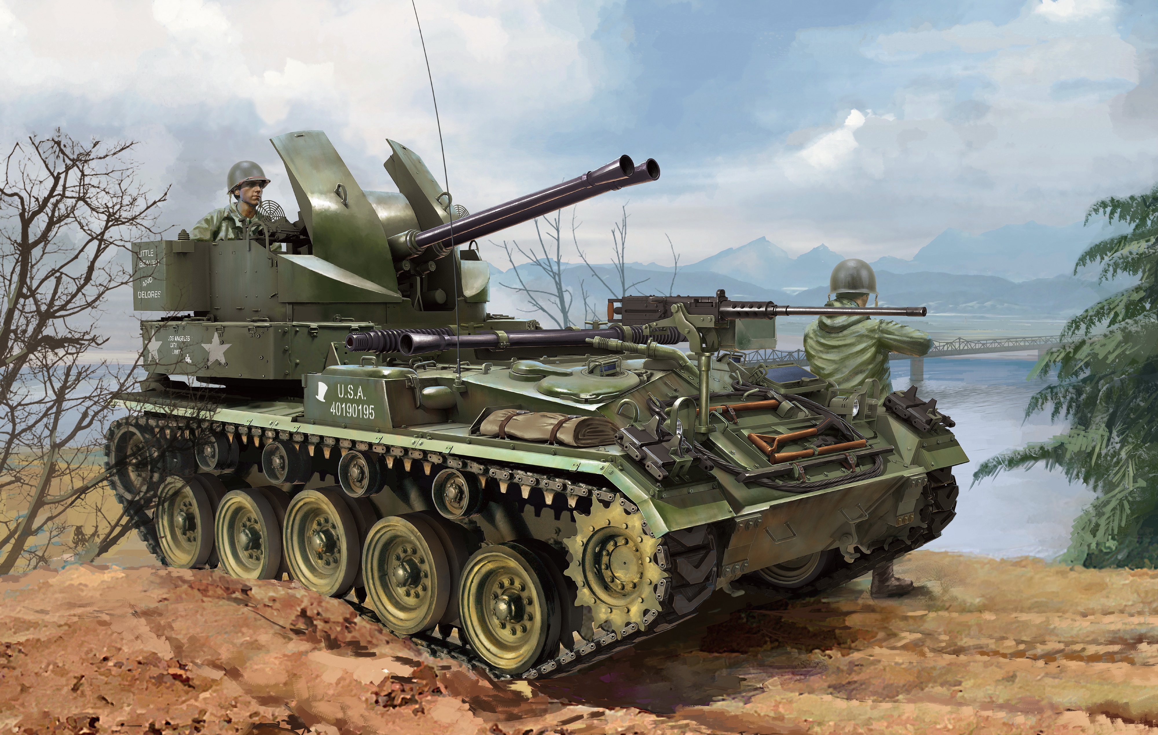 General 4000x2538 tank army military military vehicle artwork sky clouds helmet soldier branch water mountains M42 Duster