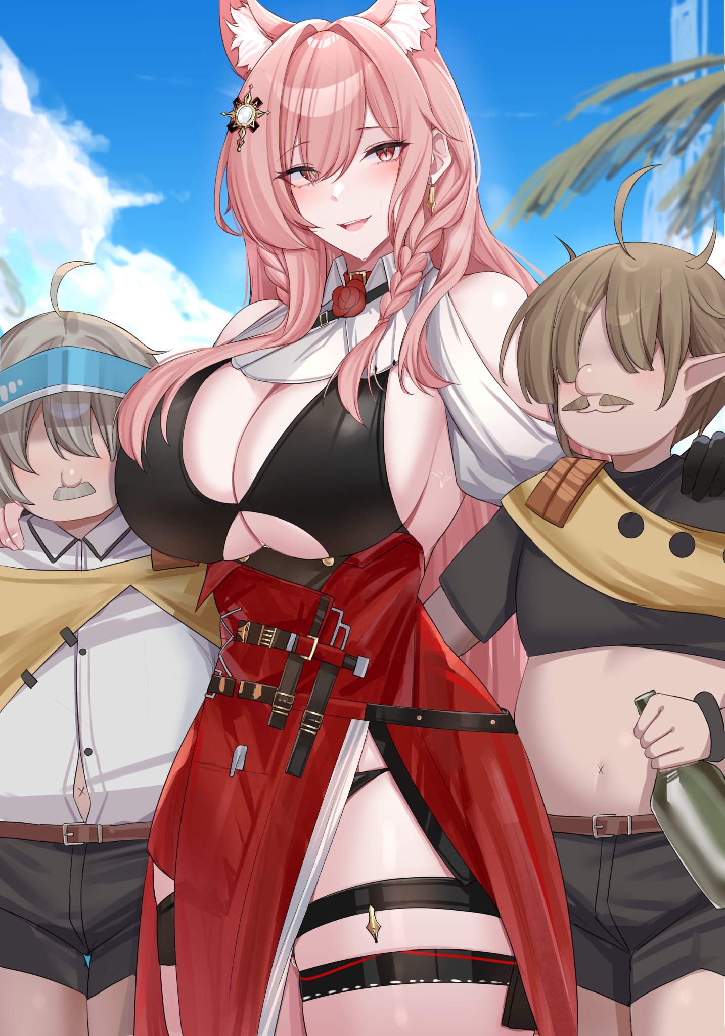Anime 1434x2048 video game girls sky huge breasts anime girls clouds portrait display braids long hair anime men moustache looking at viewer pink hair pink eyes covered eye(s) Pozёmka (Arknights) Arknights