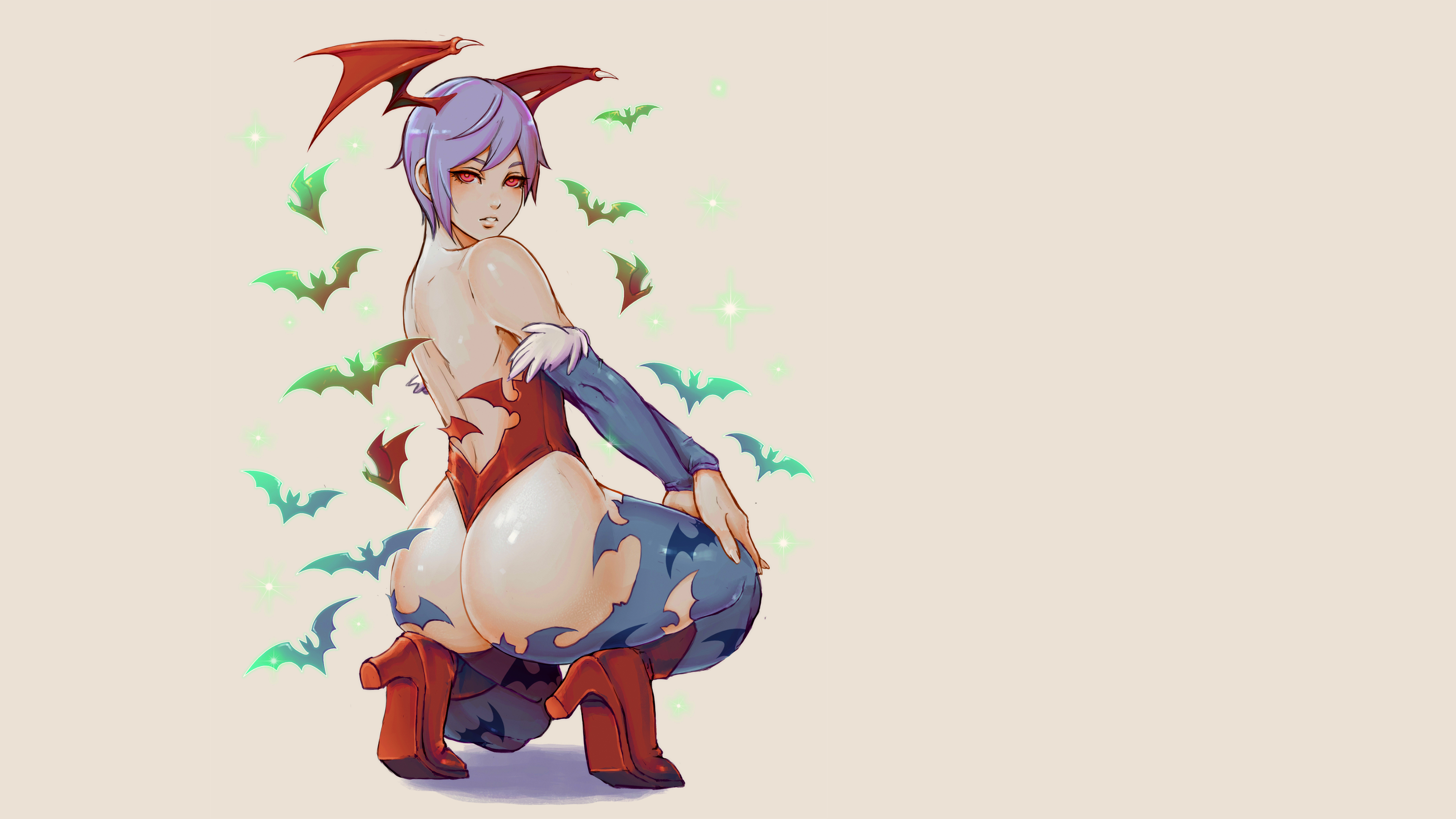 Anime 3840x2160 Darkstalkers Lilith Aensland (Darkstalkers) bats vampires heels thigh-highs pantyhose corset red corset wings bat wings bare shoulders arm warmers red eyes ass red shoes purple hair short hair colorful back video games Capcom fighting games white background video game girls