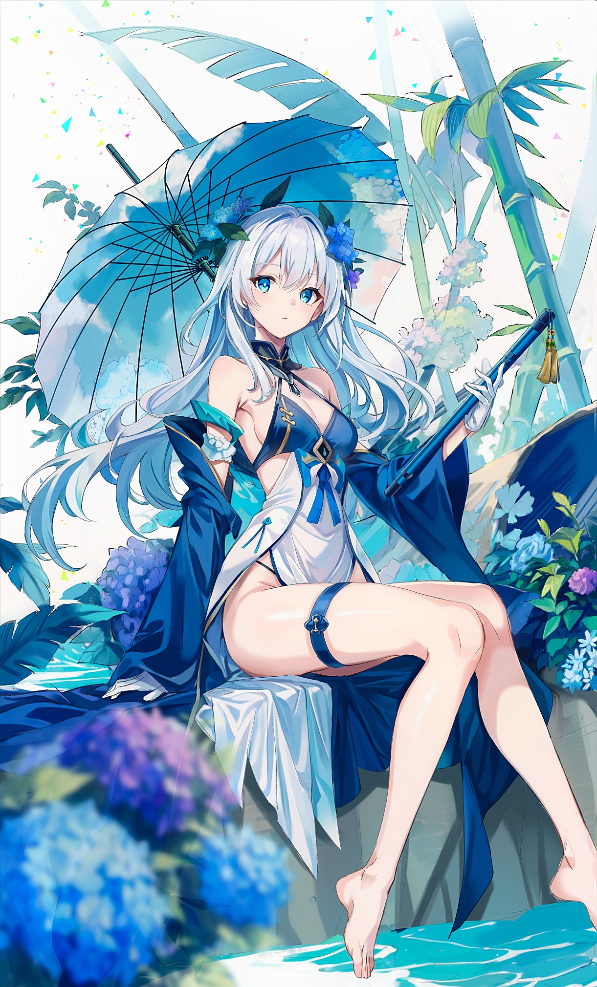 Anime 1221x2020 anime girls portrait display asian clothing thigh strap simple background water white background flowers sitting looking at viewer hair ornament cleavage boobs bare shoulders detached sleeves dress Gefujin flower in hair white gloves long hair white hair blue eyes barefoot plants leaves bamboo thighs gloves flower crown feet long sleeves armpits cleavage cutout no bra
