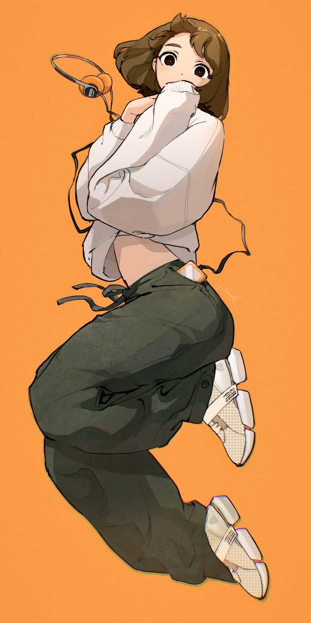 Anime 1022x2048 anime girls sketches portrait display short hair jumping minimalism orange background phone simple background belly looking at viewer shoes headphones drawing