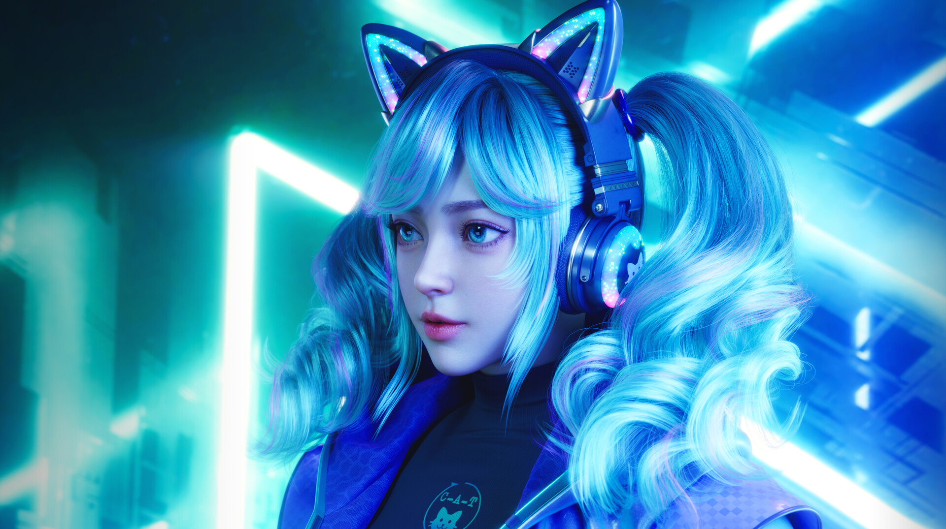 General 1920x1075 Huifeng Huang CGI women twintails blue hair headphones jacket neon long hair looking away digital art stage light cat ears two tone hair