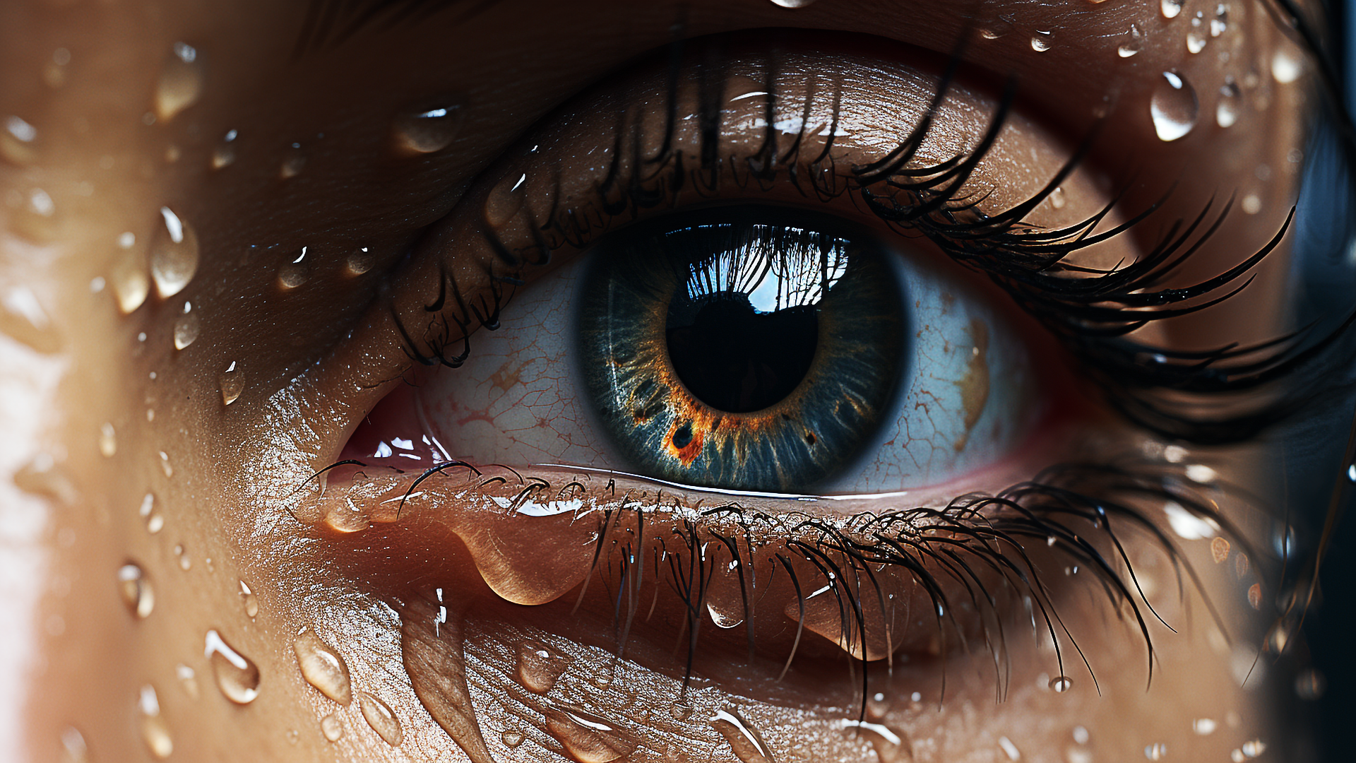 General 1920x1080 AI art closeup eyes retina water drops wet digital art eyelashes veins