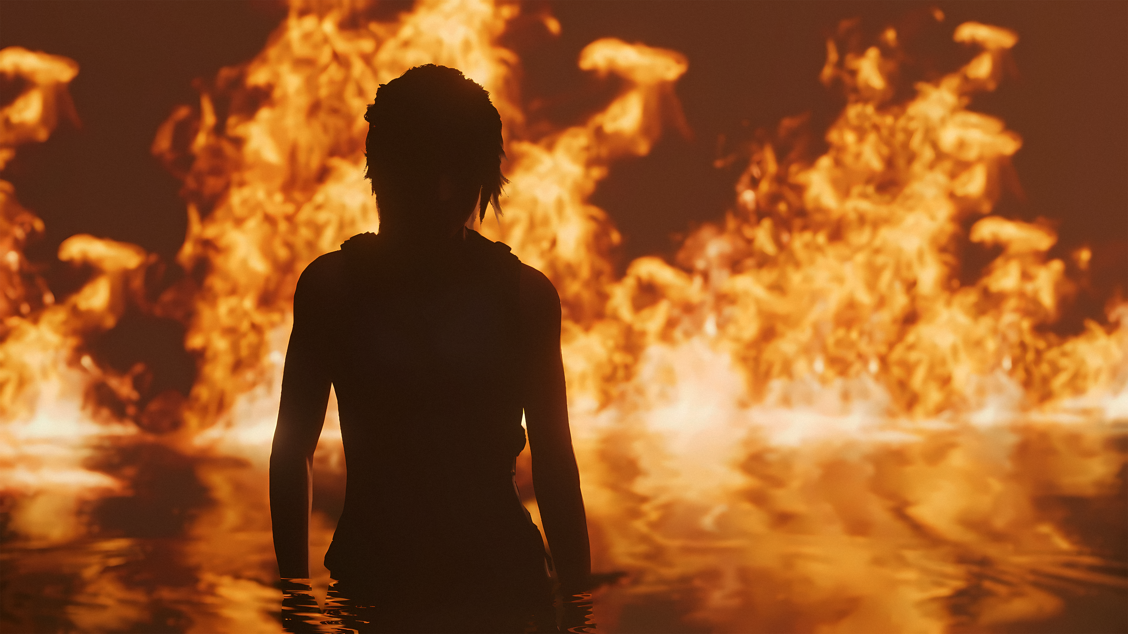 General 3840x2160 Lara Croft (Tomb Raider) Tomb Raider (Movies) fire video game art water video game characters standing in water CGI silhouette video games