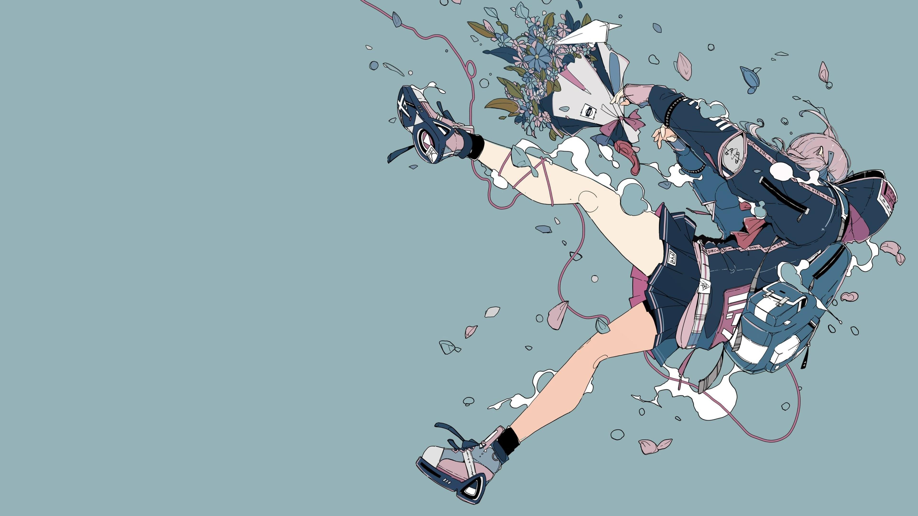 Anime 3840x2160 anime girls minimalism backpacks blue background simple background flowers petals