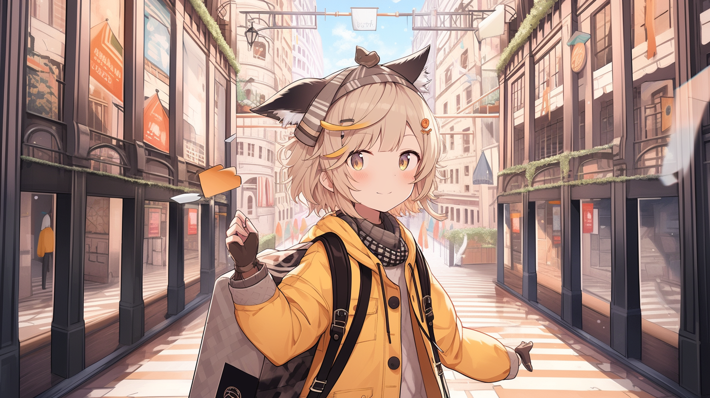 Anime 1456x816 AI art Midjourney anime girls blushing smiling looking at viewer short hair backpacks city building blonde yellow eyes animal ears