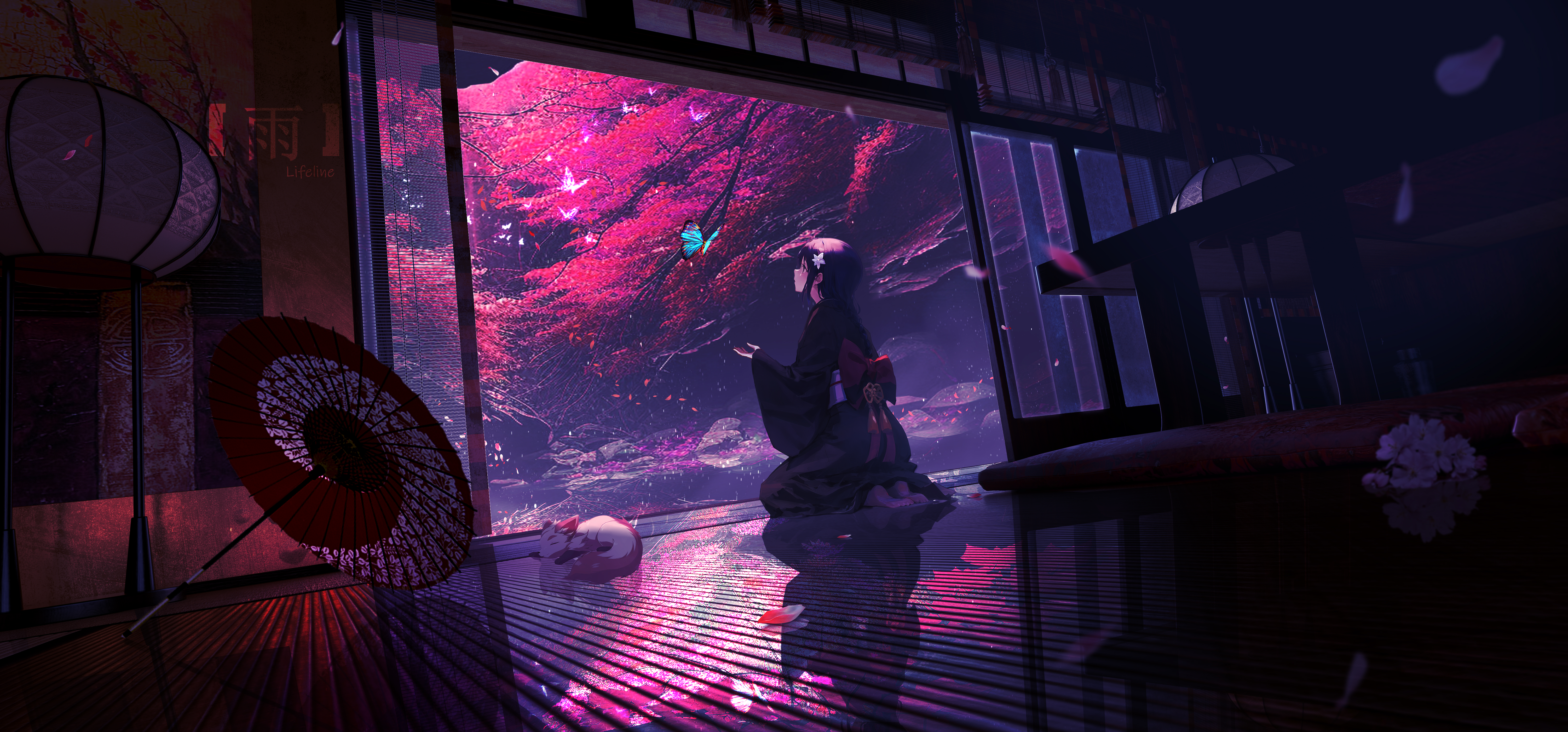 Anime 6000x2800 Lifeline Genshin Impact anime girls reflection trees cherry blossom butterfly kimono kneeling petals night looking away flowers Asian architecture fox Japanese clothes umbrella looking up