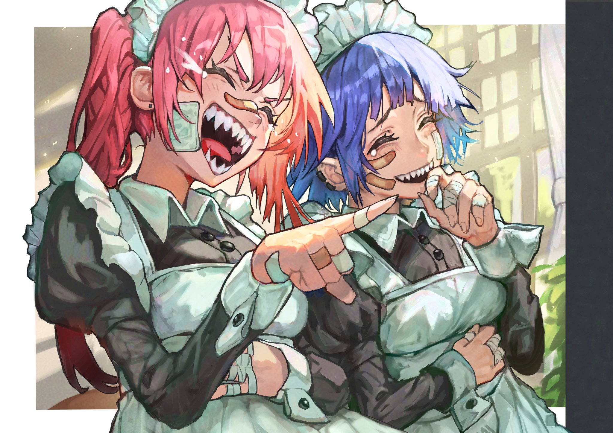 Anime 2048x1448 maid finger pointing laughing plaster pointy teeth pink hair blue hair crying pierced ear band-aid anime girls maid outfit closed eyes