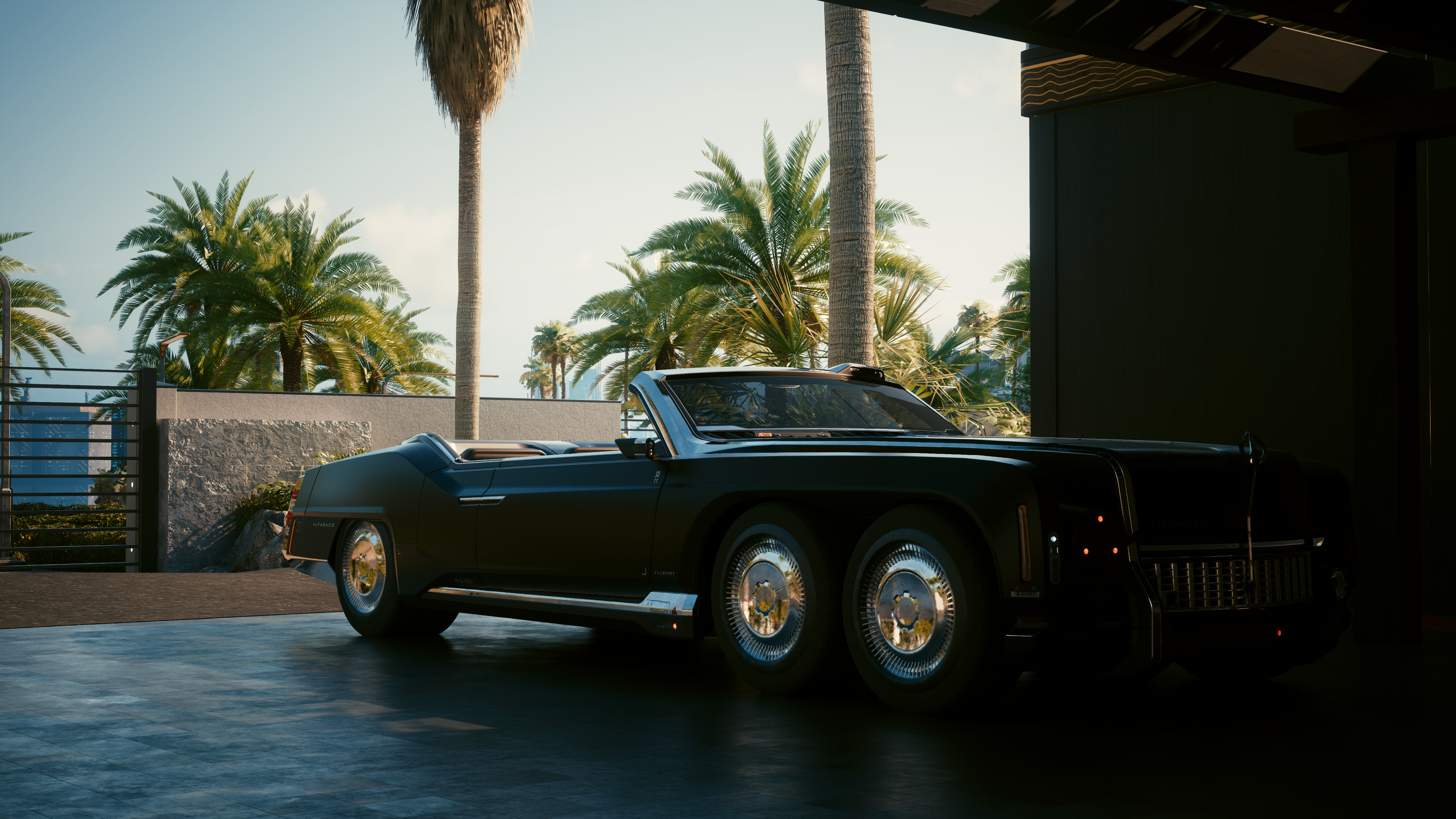 General 5120x2880 Cyberpunk 2077 video games CGI car frontal view palm trees sky clouds