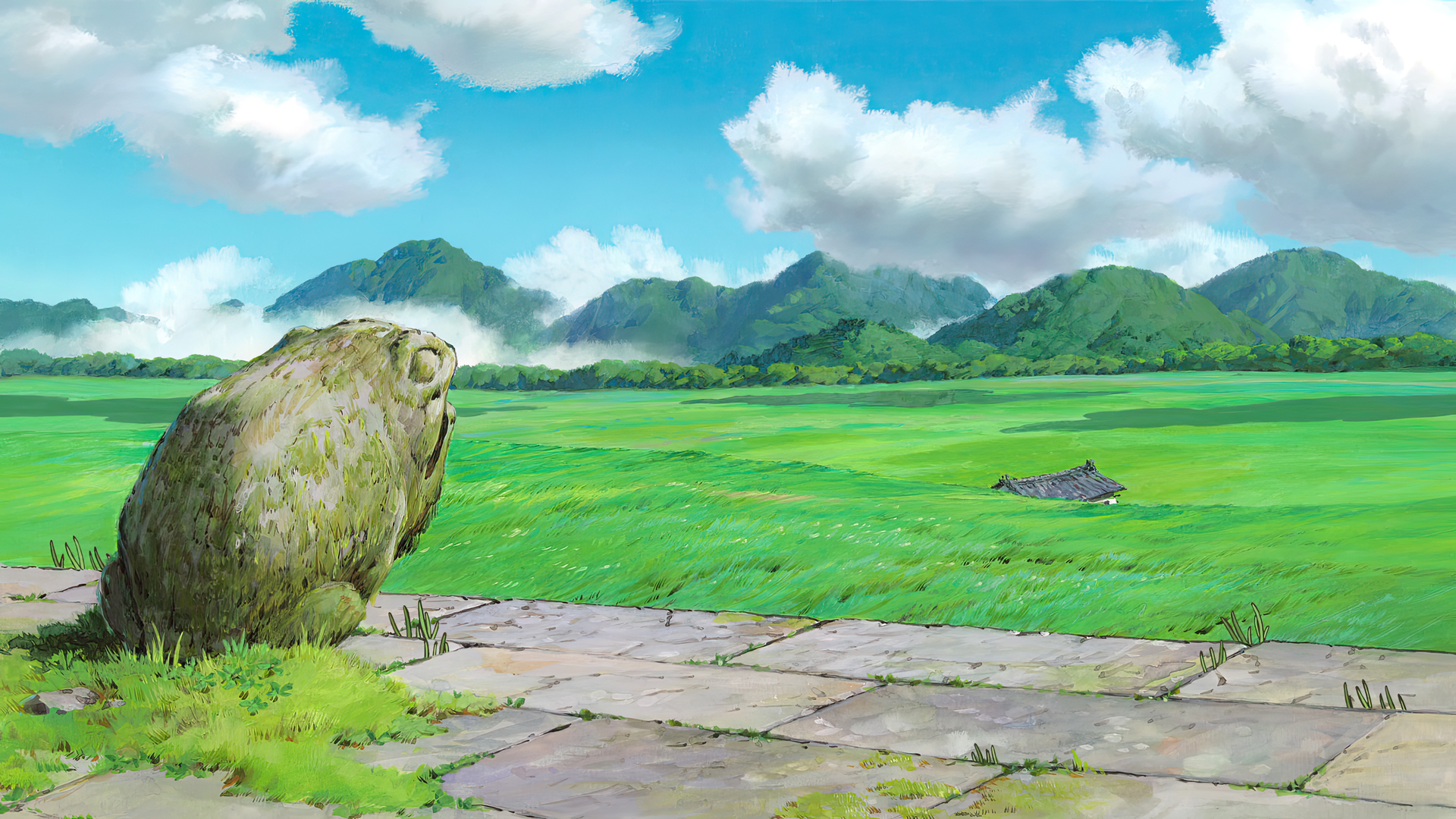 Anime 1920x1080 Spirited Away animated movies anime animation film stills Studio Ghibli Hayao Miyazaki clouds sky grass field mountains statue