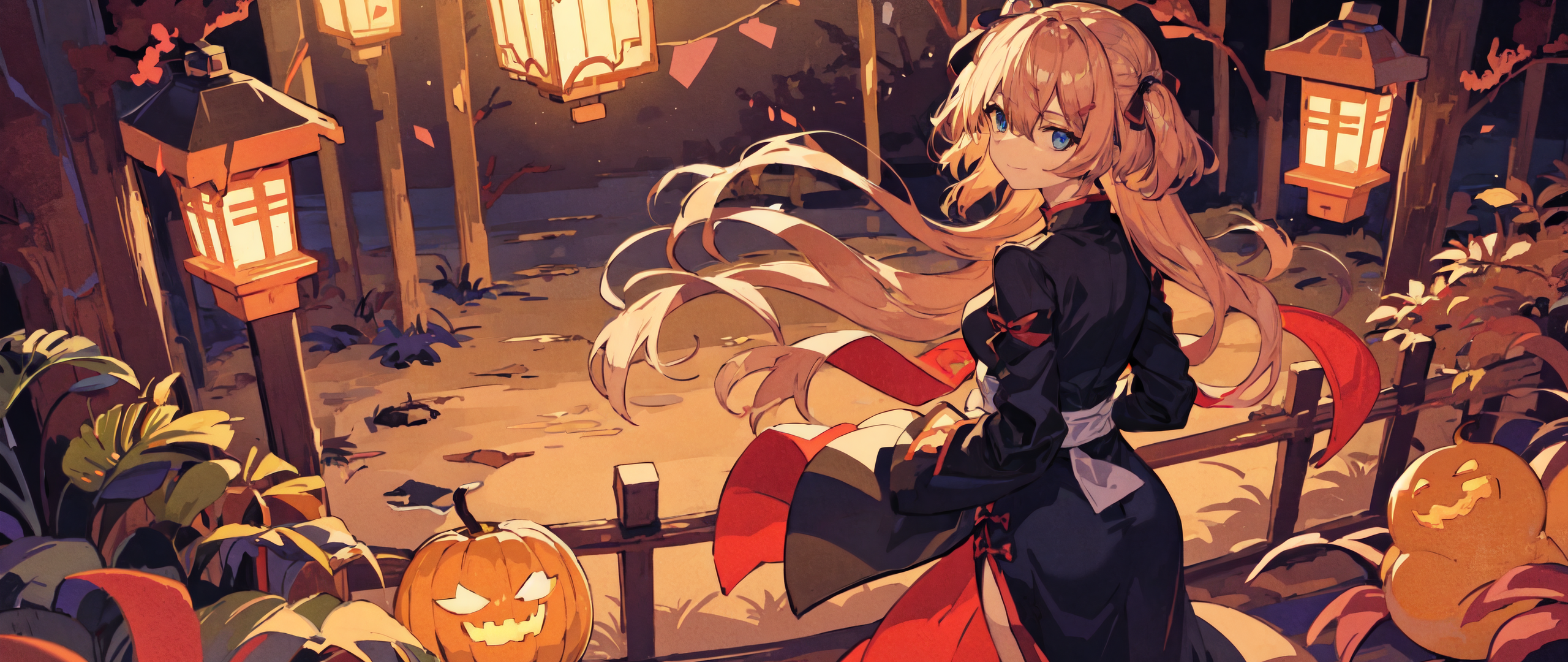 Anime 2560x1080 AI art blonde Halloween lantern forest bangs anime girls looking back looking at viewer long hair pumpkin
