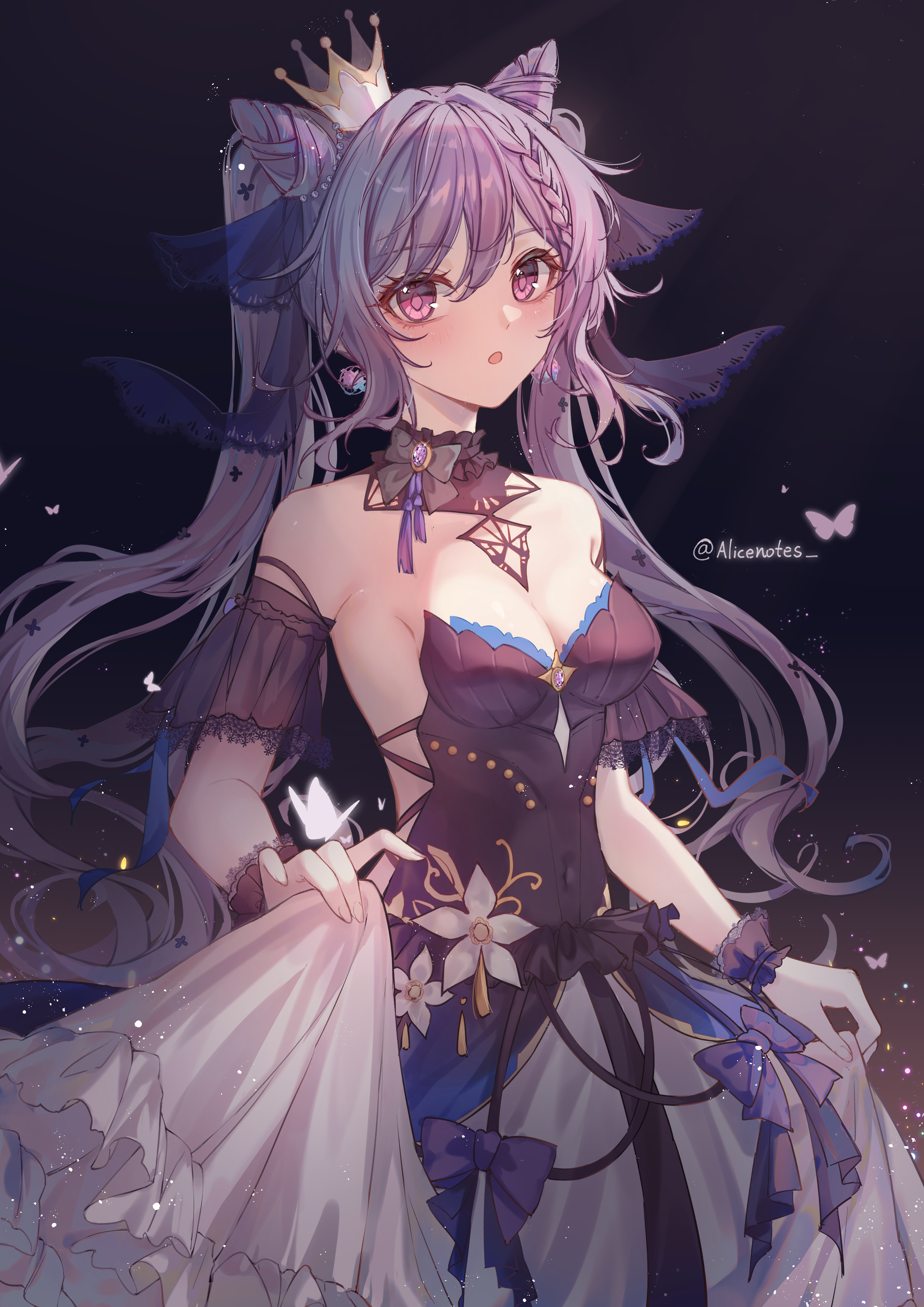 Anime 2976x4210 Genshin Impact artwork Keqing (Genshin Impact) anime anime girls purple hair purple eyes twintails cat ears cat girl crown dress bow tie cleavage earring butterfly portrait display looking at viewer lifting dress