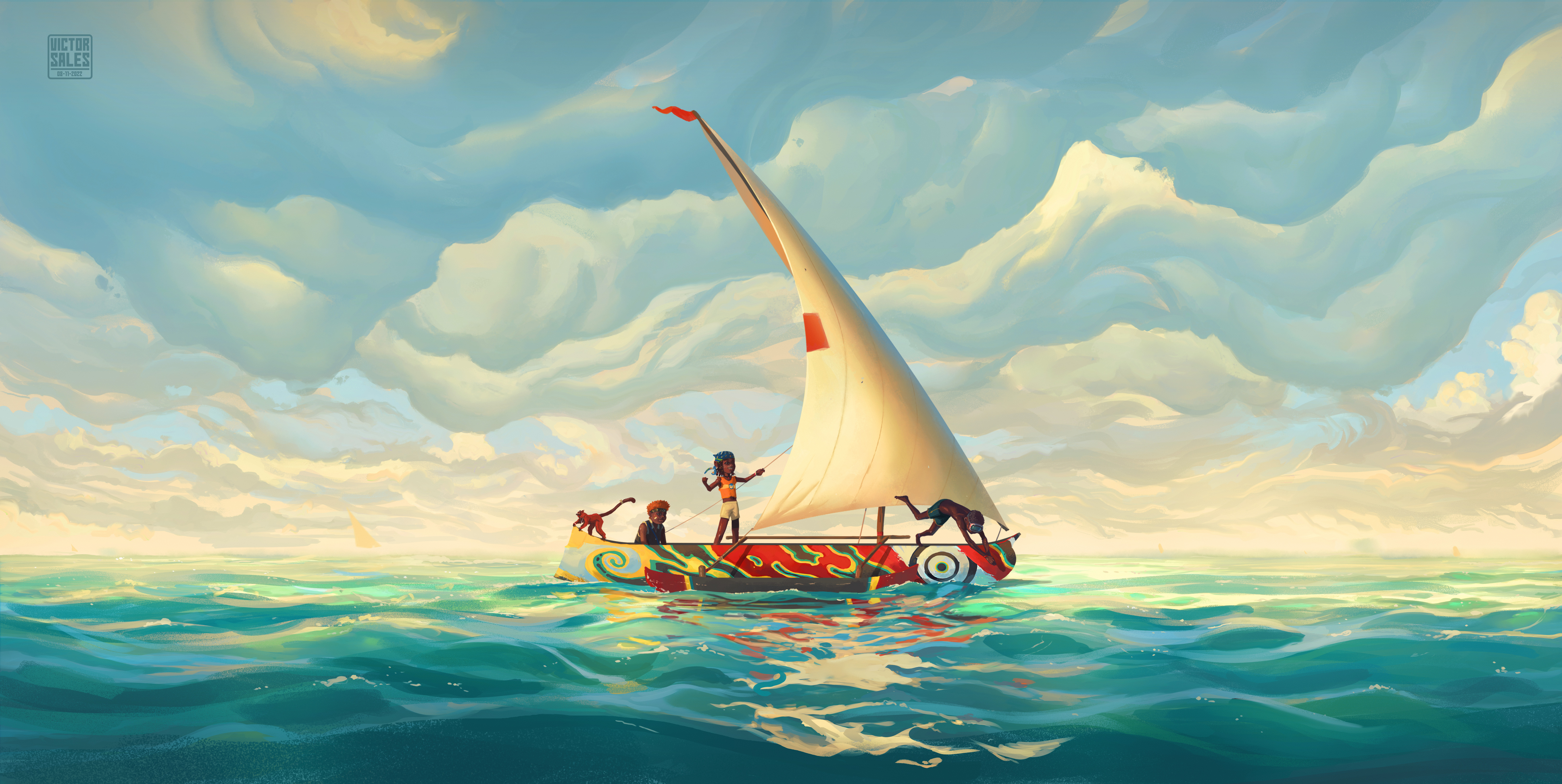 General 6500x3264 digital art artwork illustration landscape sea water boat clouds children sailing ship nature sky