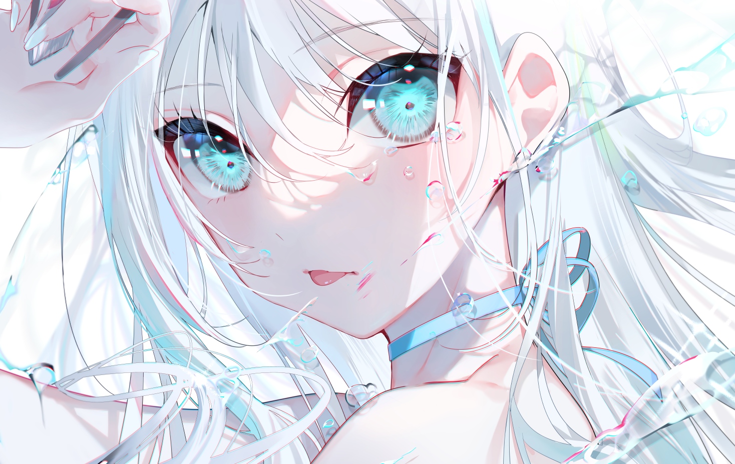 Anime 1468x927 anime anime girls tongue out long hair looking at viewer choker silver hair blue eyes