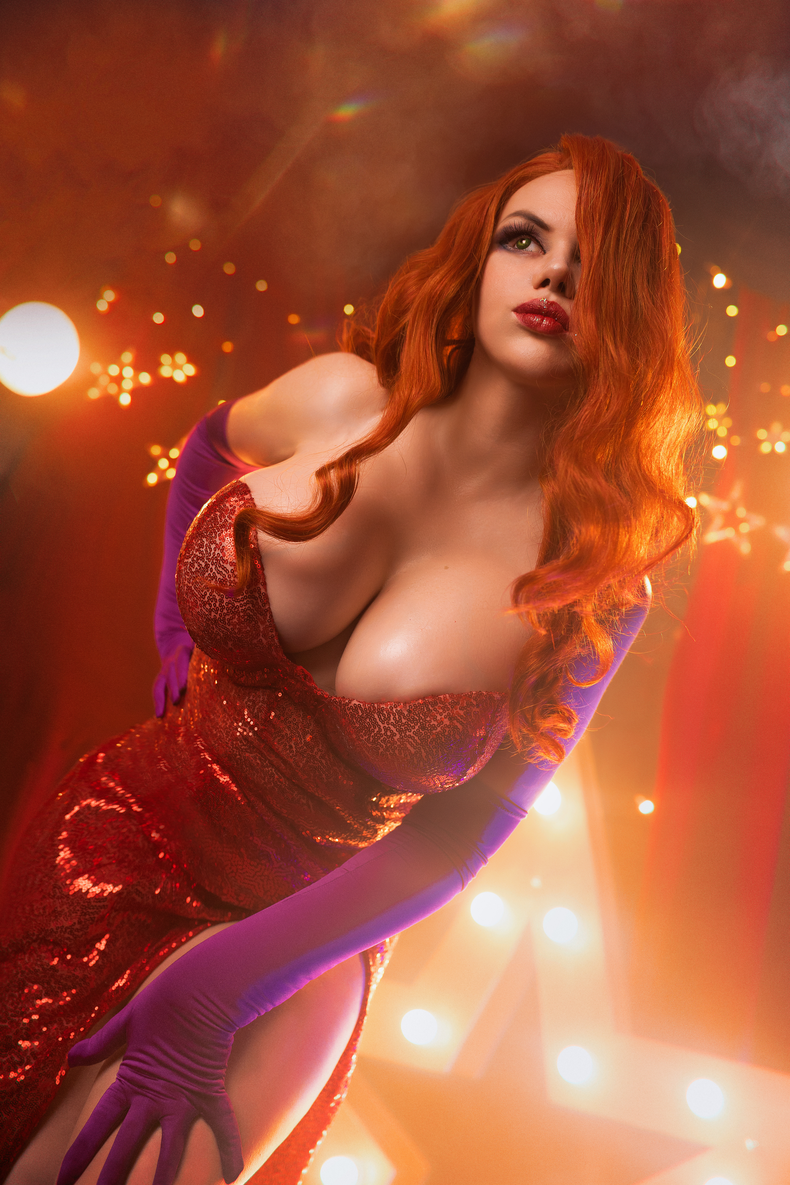 People 2667x4000 Alisa Arefeva women model cosplay Jessica Rabbit redhead dress cleavage big boobs elbow gloves bare shoulders
