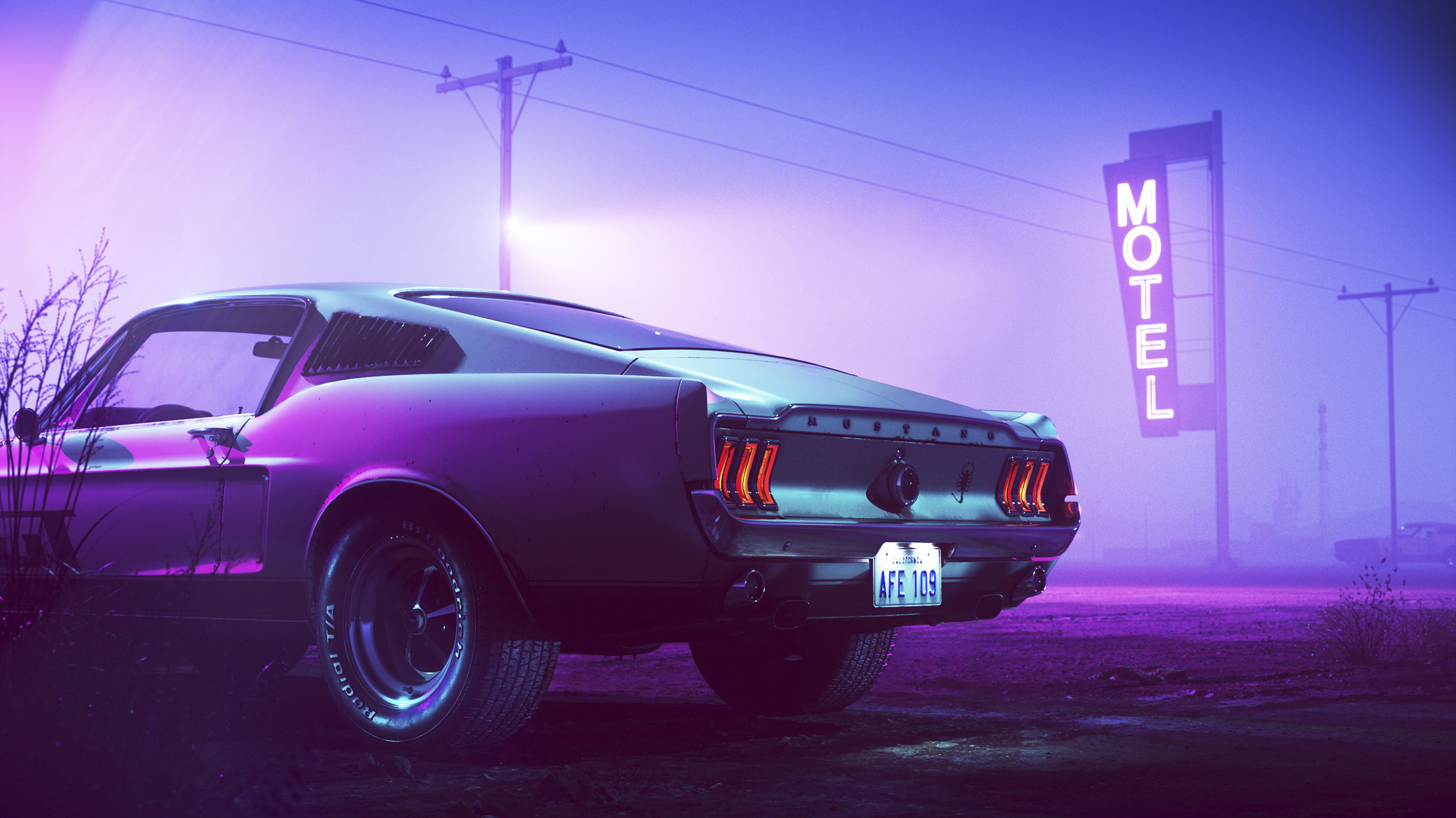 General 2560x1440 retrowave neon synthwave vaporwave Ford Mustang car taillights licence plates Colorsponge Carlos