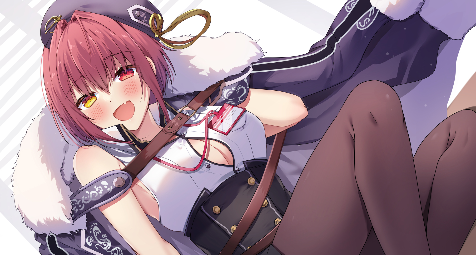 Anime 2000x1075 boobs Virtual Youtuber Houshou Marine Hololive anime girls blushing lying on back lying down heterochromia short hair cleavage hat looking at viewer