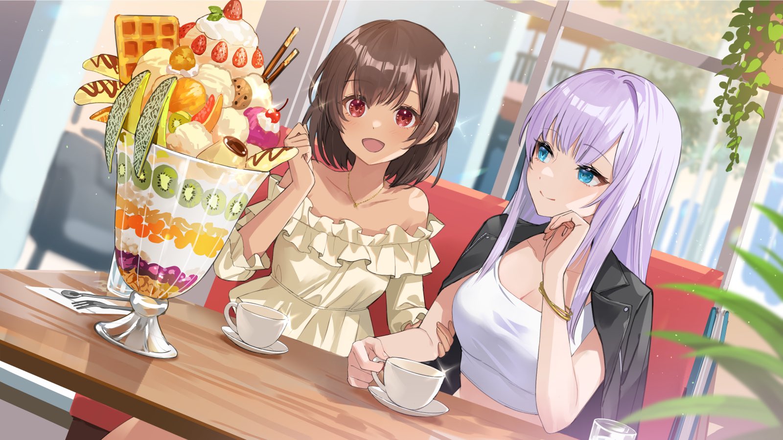 Anime 1600x900 anime girls anime girls eating Parfait fruit ice cream short hair leaves sitting sweets cup smiling