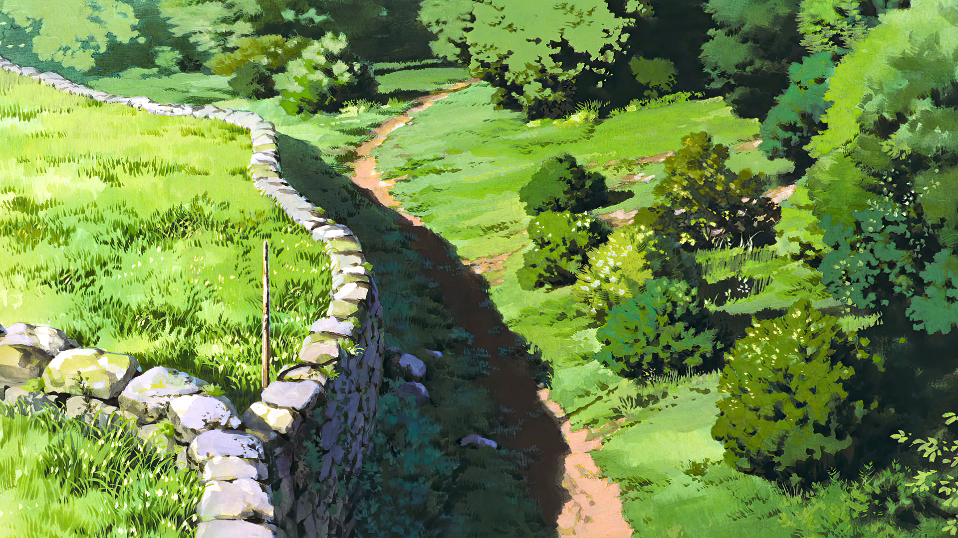 Anime 1920x1080 Princess Mononoke animated movies anime animation film stills Studio Ghibli Hayao Miyazaki stone fence trees path grass