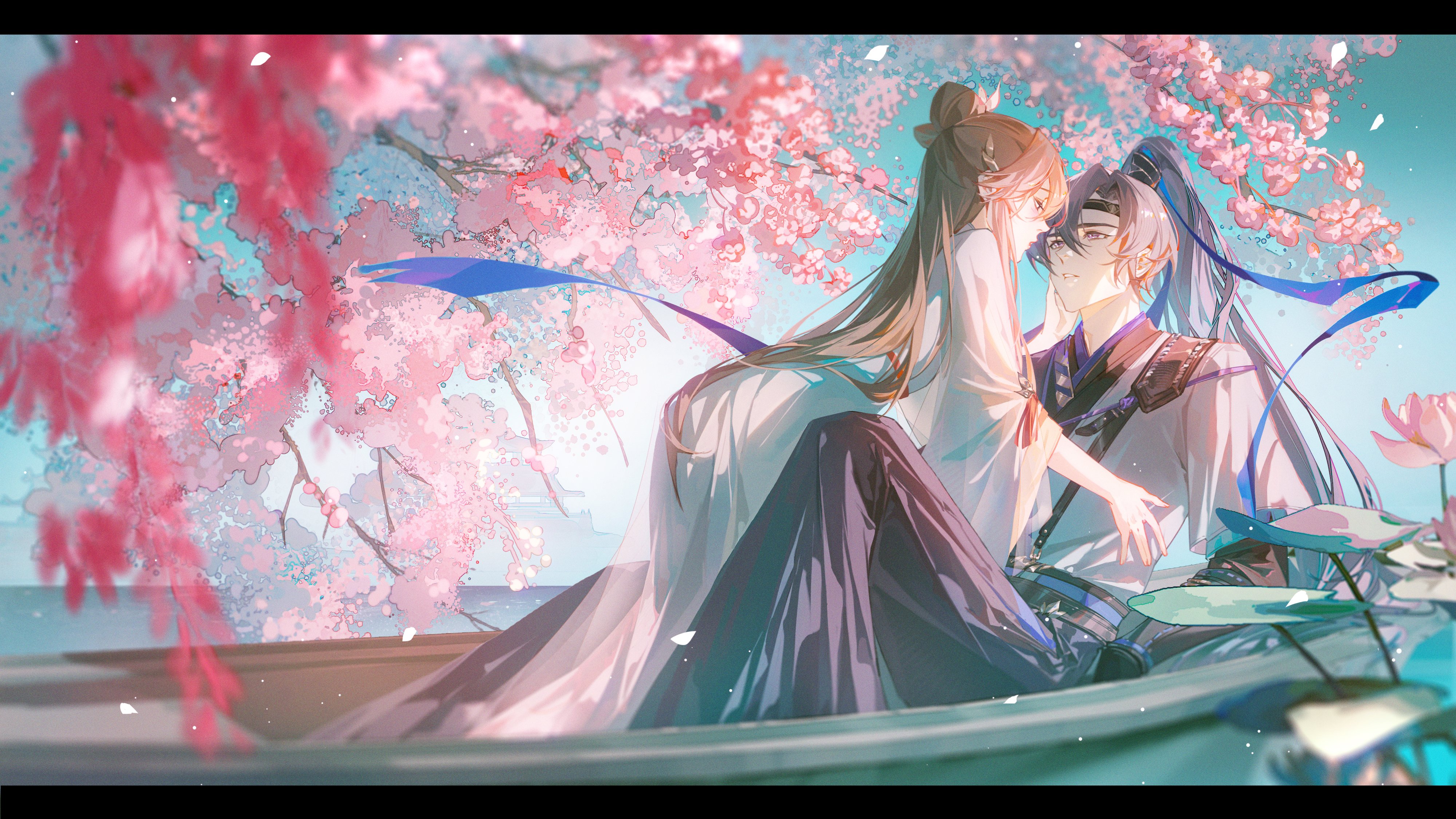 Anime 4000x2251 cherry blossom anime girls anime boys boat branch flowers long hair ponytail petals leaves anime couple