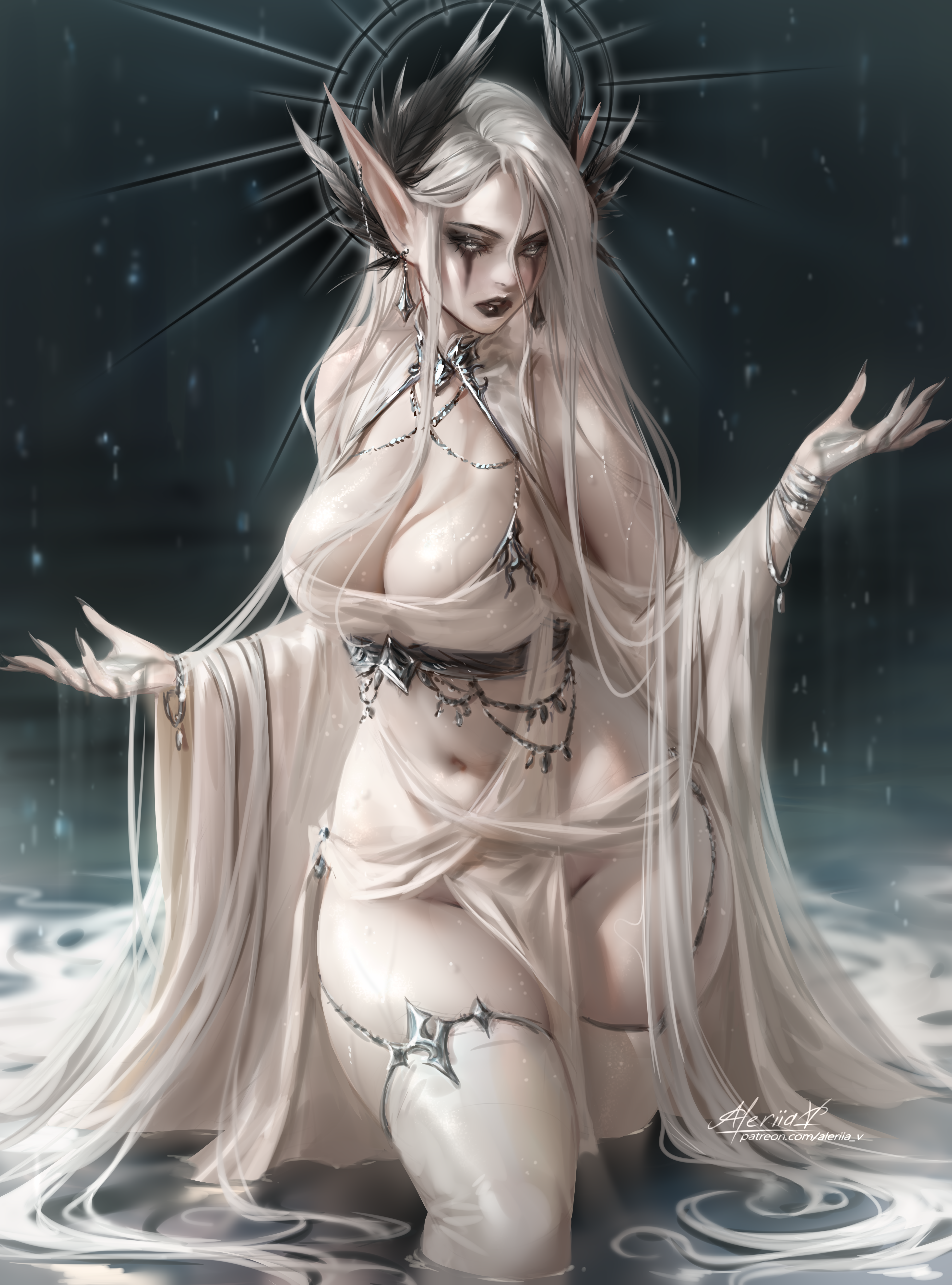 General 3888x5246 Arkilia (OC) Lera Pi fantasy girl elves pointy artwork drawing original characters thick thigh digital art portrait display watermarked long hair looking at viewer water standing in water pointy ears cleavage big boobs belly button earring