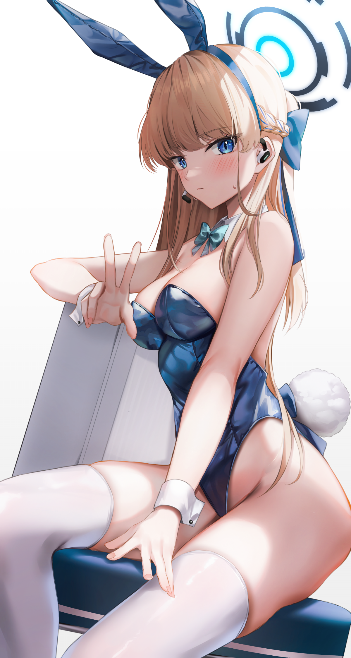 Anime 1200x2248 anime anime girls Blue Archive peace sign Asuma Toki (Blue Archive) animal ears bunny ears tail bunny tail blonde blue eyes blushing leotard blue leotard thigh-highs shuvi (shuvi1125) earphones portrait display bunny suit stockings sitting looking at viewer long hair bow tie sweatdrop thighs white background simple background minimalism