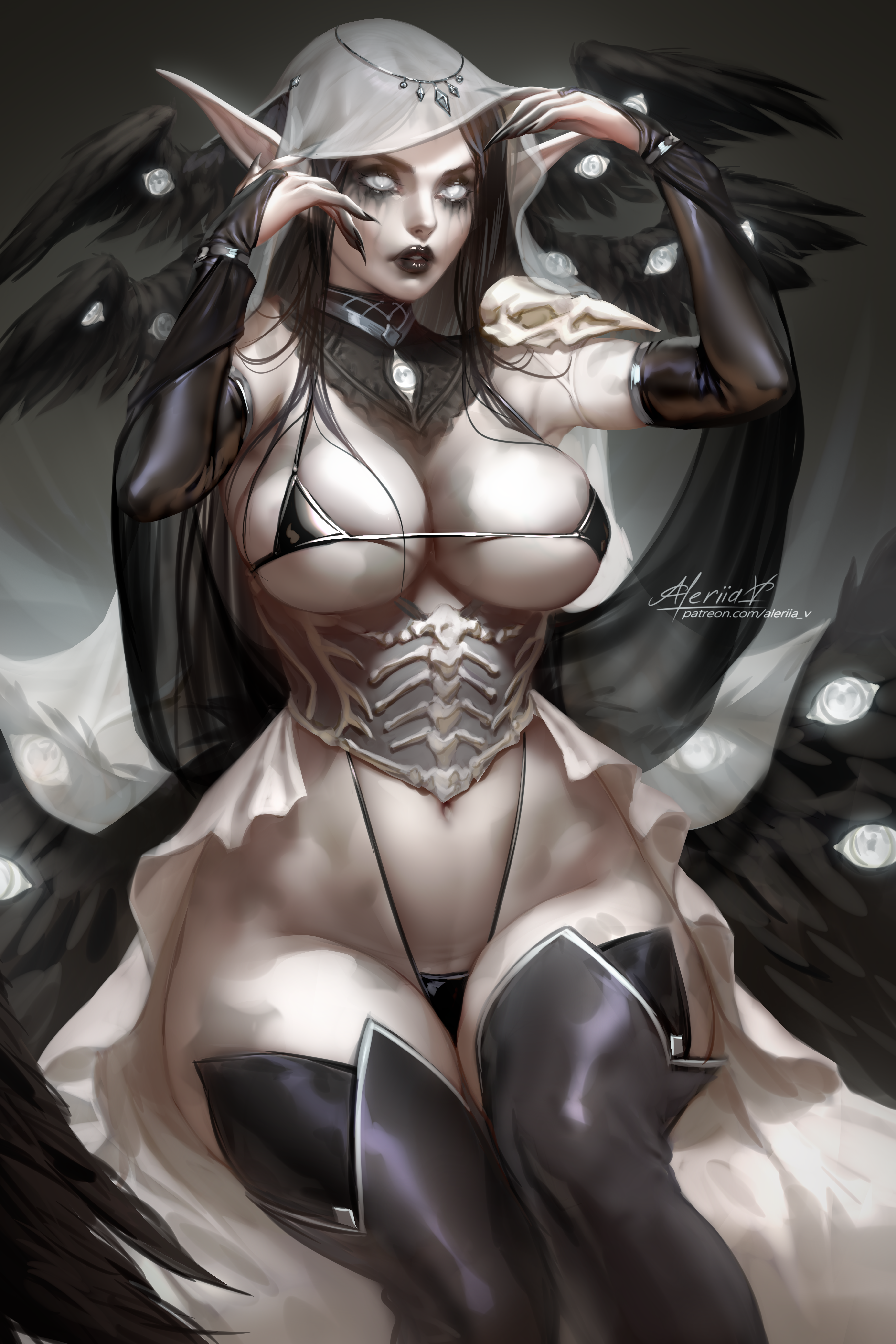 General 3668x5500 Mythira (OC) Lera Pi elves goths fantasy girl 2D artwork drawing portrait display big boobs pointy ears sitting looking at viewer thighs wings