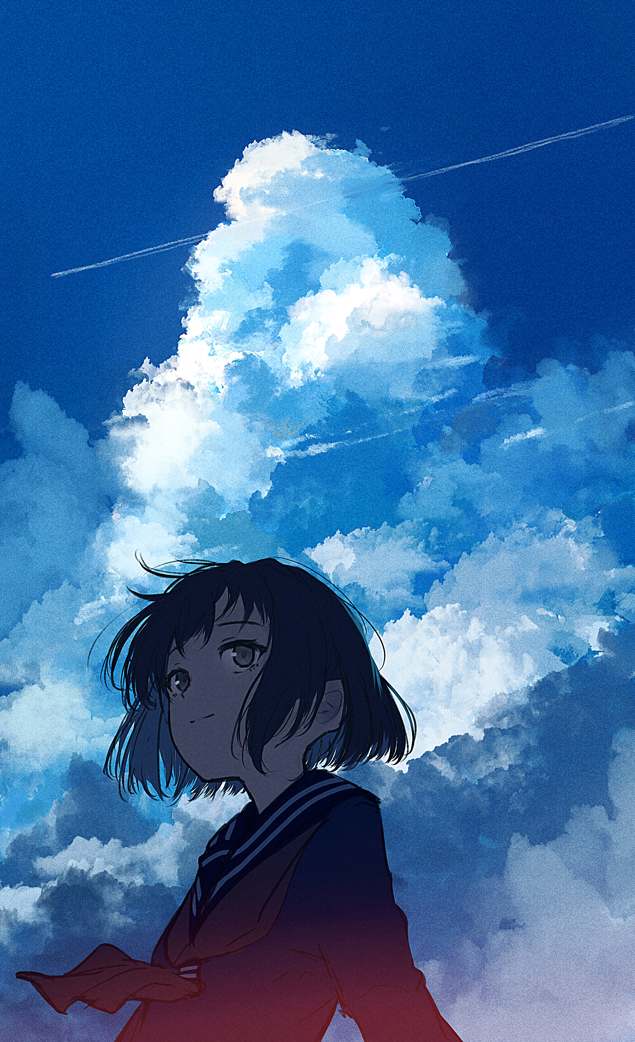 Anime 2133x3500 anime girls dusk clouds dark hair original characters blue background smiling schoolgirl school uniform simple background short hair Mifuru