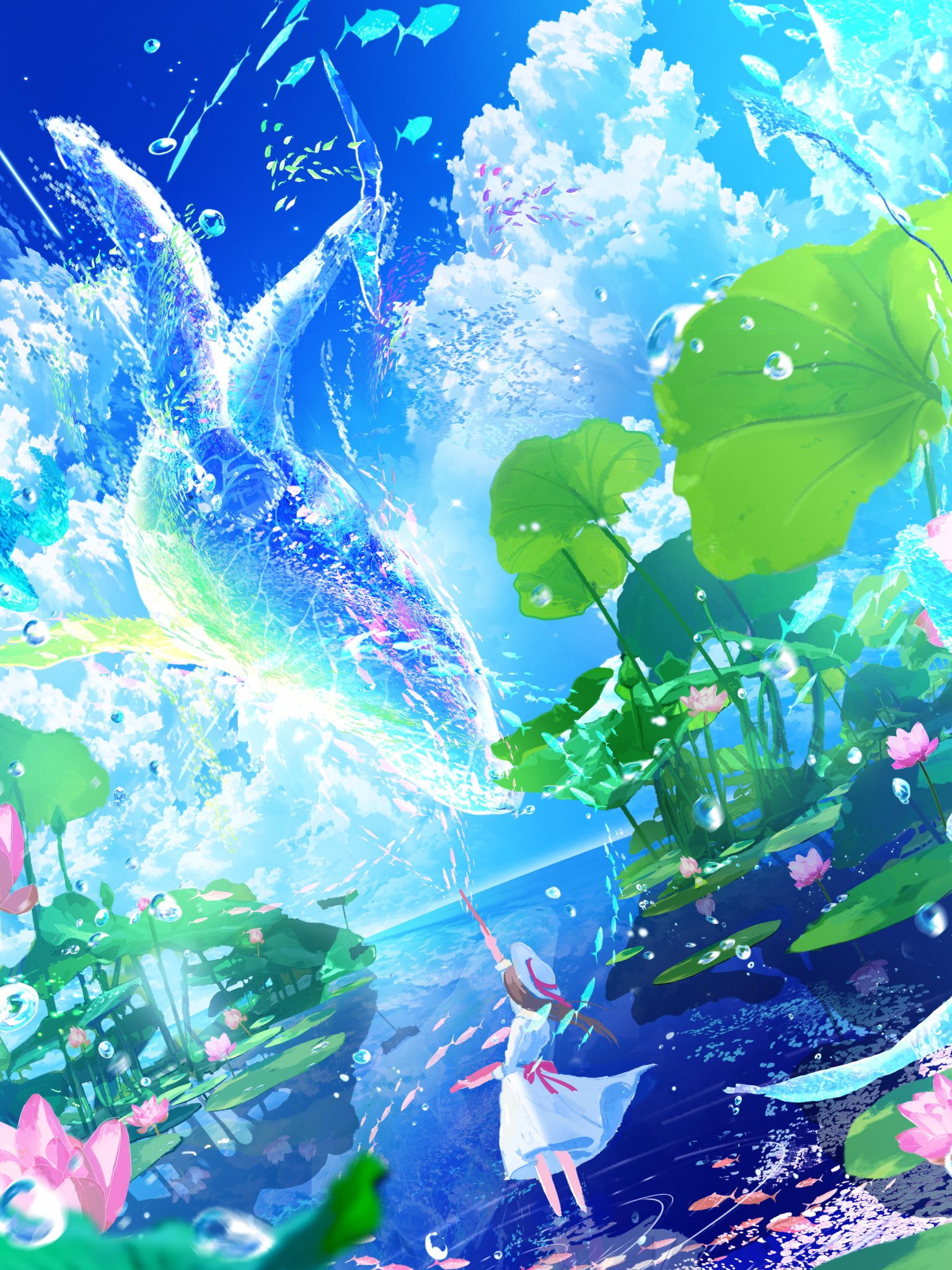 Anime 1536x2048 anime anime girls magic water Lotus fish sky ripples nature portrait display leaves hat animals water lilies