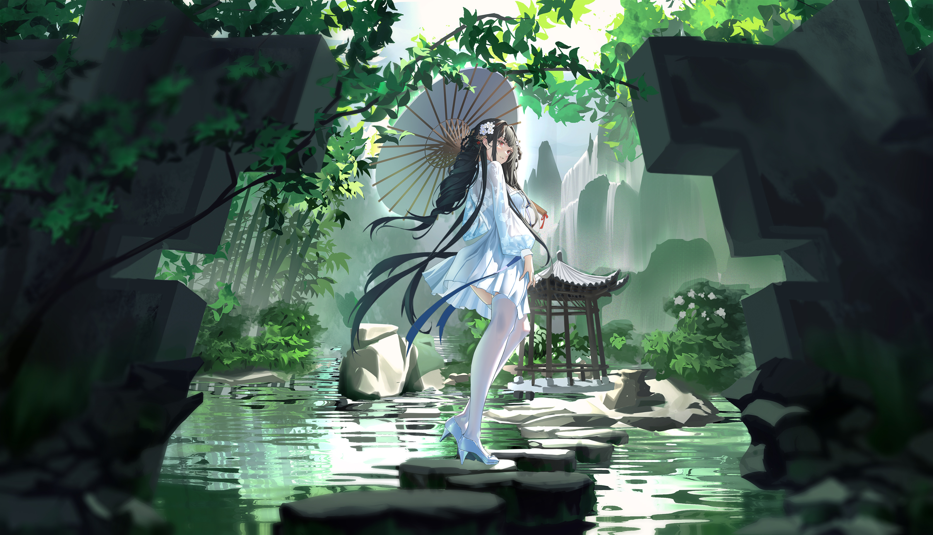 Anime 3186x1826 Pixiv anime anime girls umbrella water heels long hair flowers leaves flower in hair looking at viewer waterfall dress