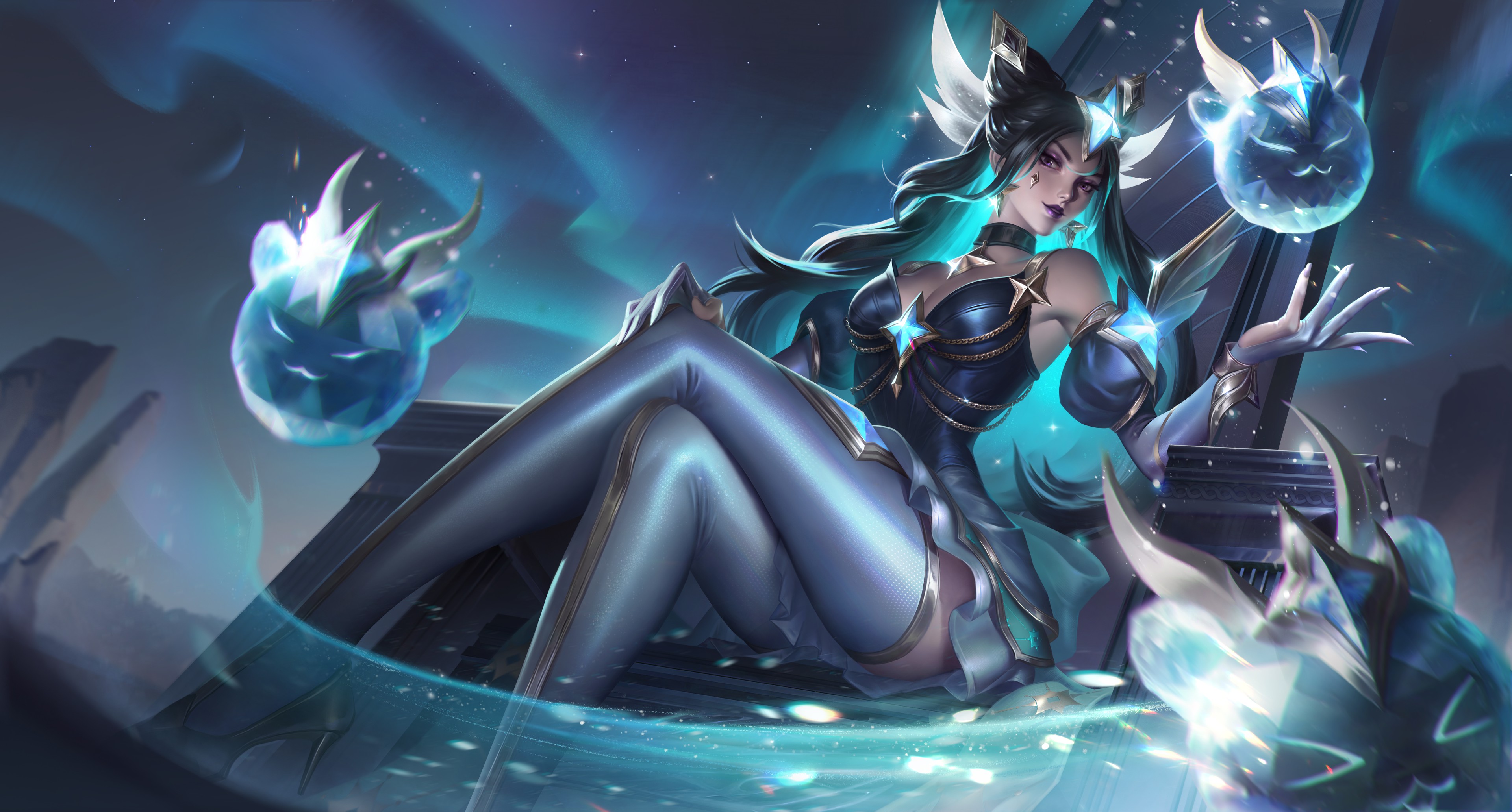 General 3840x2063 Syndra (League of Legends) League of Legends video game characters video game girls video game art video games sitting legs crossed long hair looking at viewer earring tight clothing