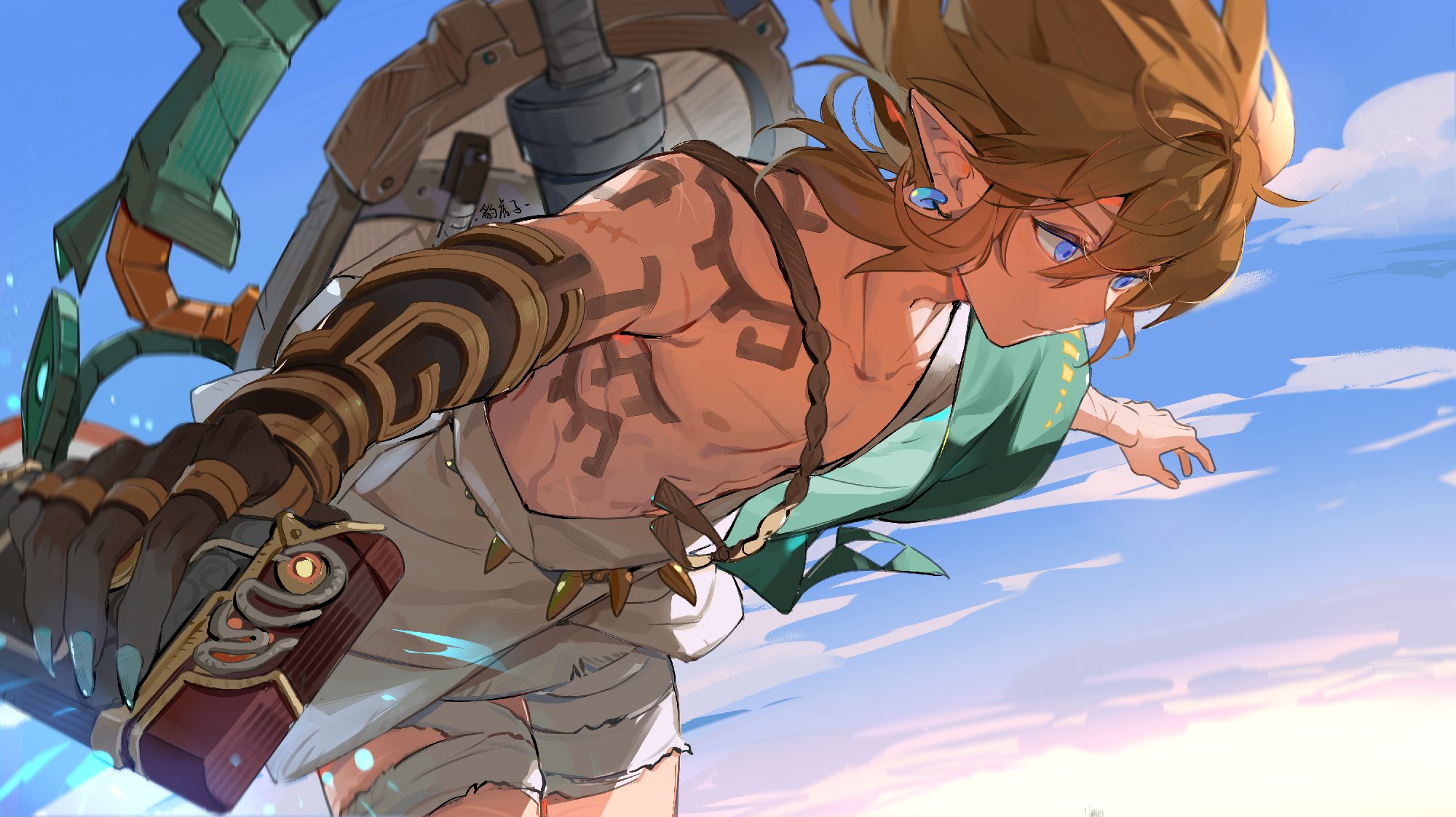 Anime 2000x1122 Link The Legend of Zelda: Tears of the Kingdom anime boys pointy ears earring shirtless sky blonde blue eyes video game characters video game boys video games