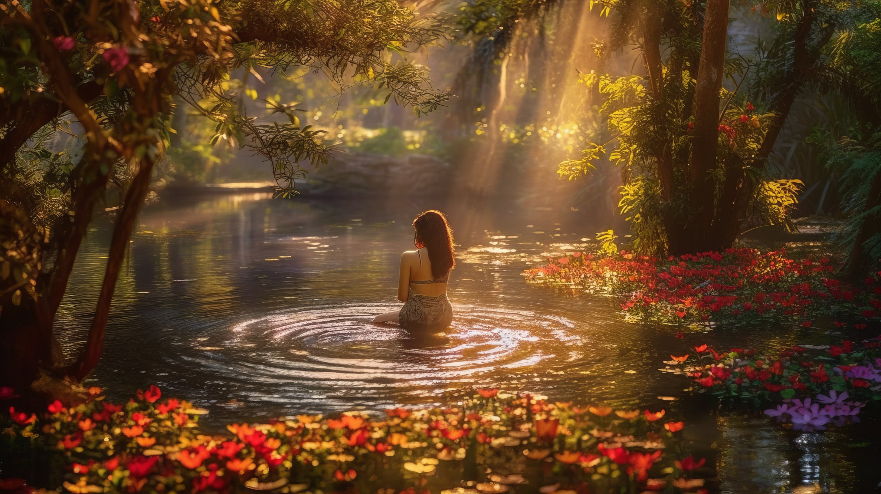 General 2912x1632 AI art women bathing water forest flowers in water sunlight trees sunset glow nature reflection