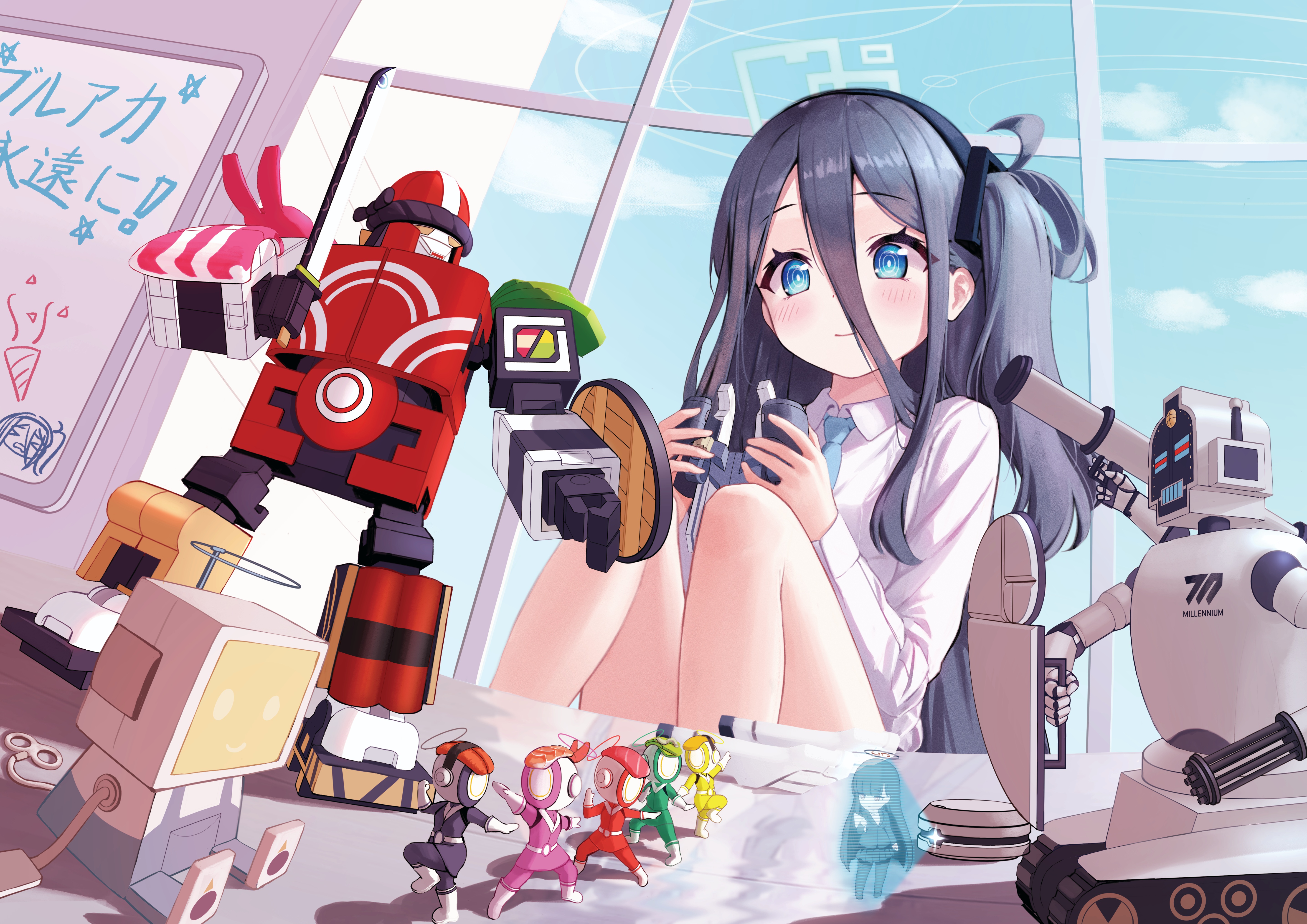 Anime 5743x4062 Blue Archive anime girls Tendou Alice blue eyes long hair blushing toys closed mouth window Japanese hair between eyes sitting indoors women indoors bent legs sunlight smiling clouds sky black hair