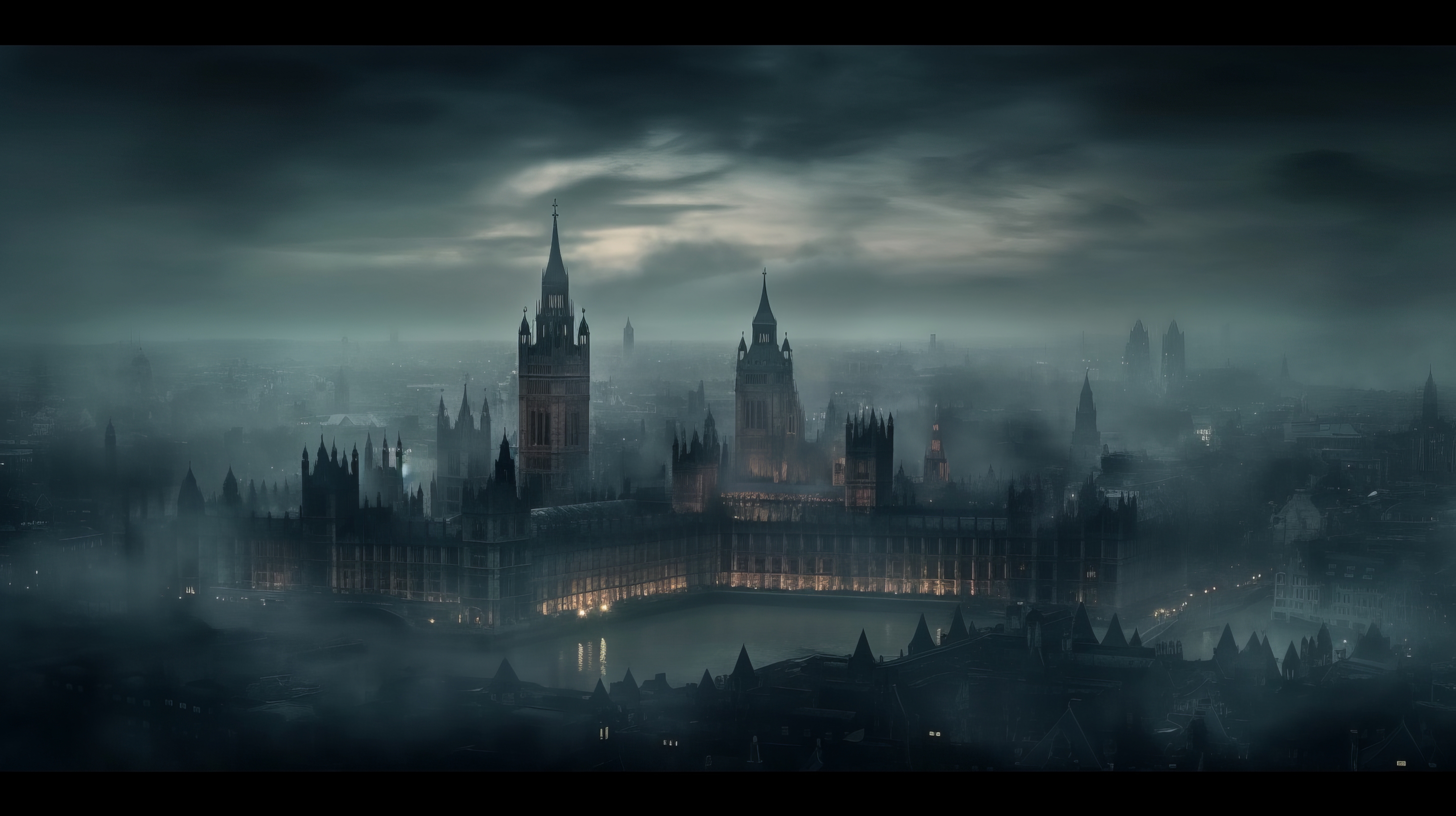 General 2912x1632 AI art illustration Victorian London aerial view mist night clouds sky cityscape city