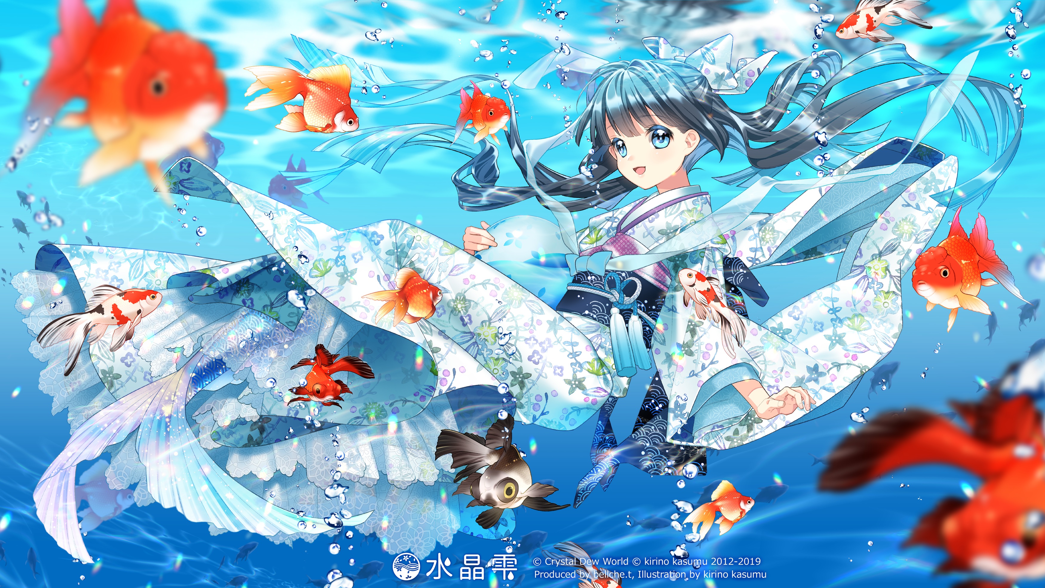 Anime 3500x1969 anime anime girls mermaids kimono fish water underwater bubbles long hair happy looking at viewer animals