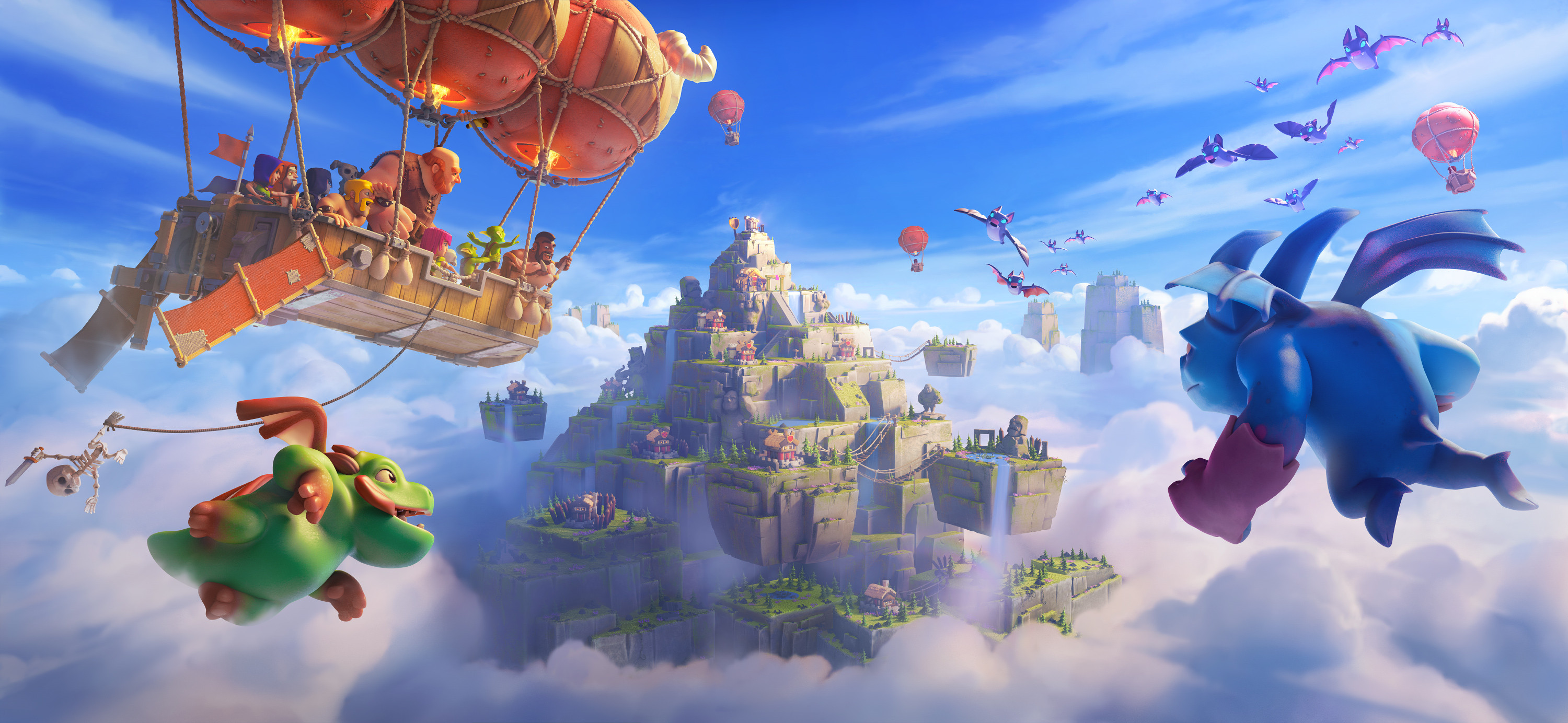 General 3000x1384 Clash of Clans Loading screen video game art clouds dragon video games video game characters sky hot air balloons