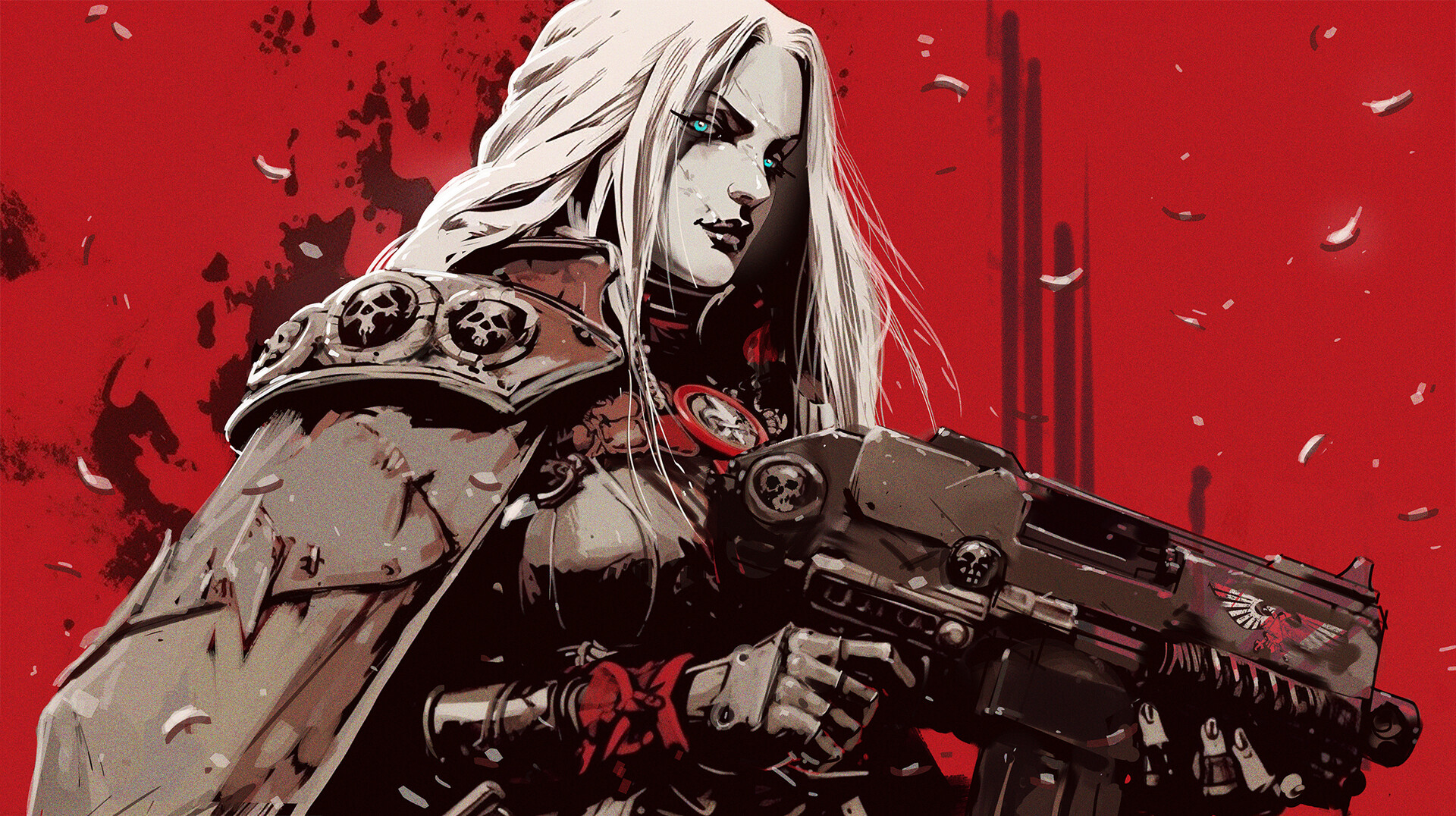 General 1920x1076 digital art artwork illustration women red soldier blonde Warhammer 40,000 weapon armor long hair gun girls with guns looking at viewer