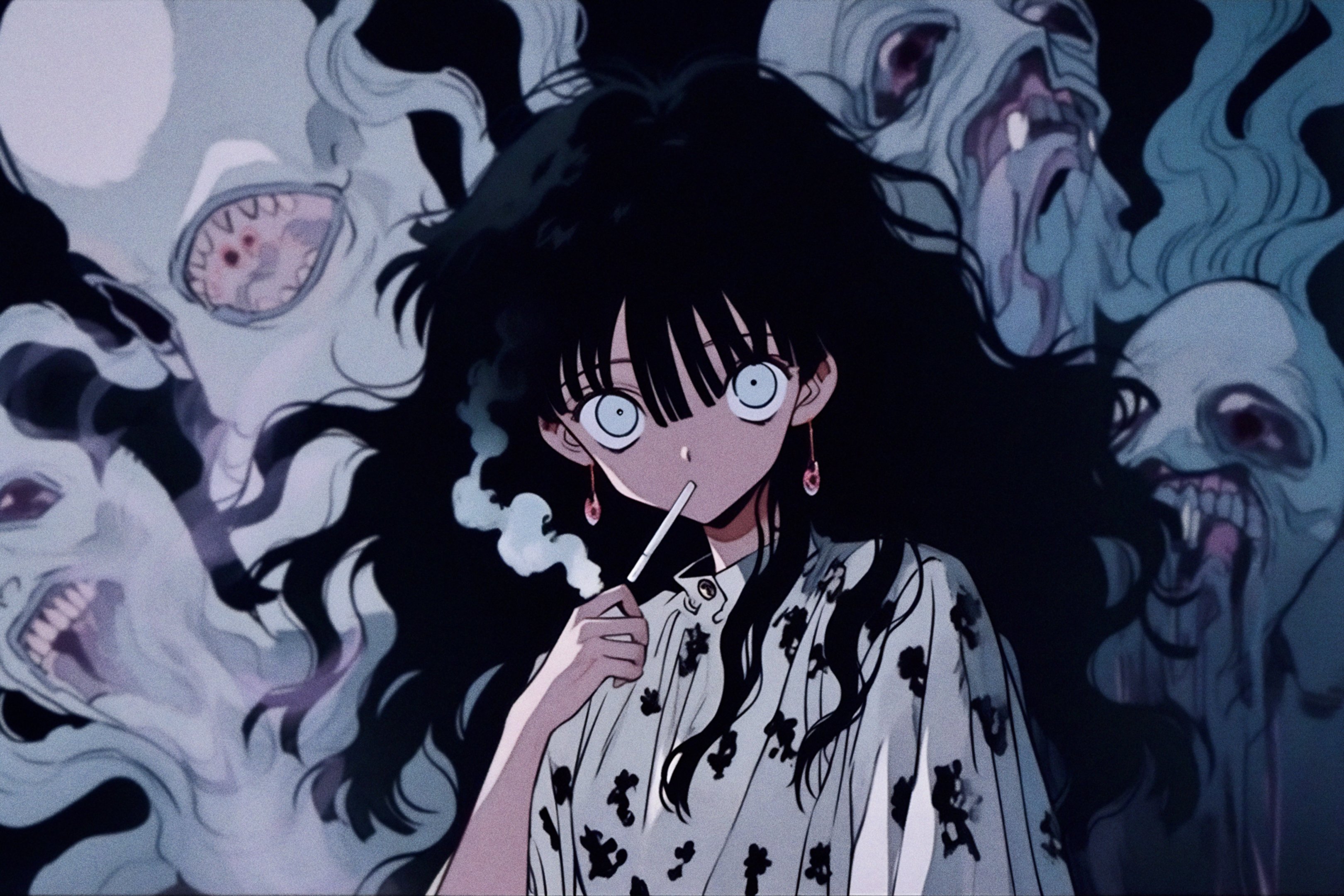 Anime 3240x2160 axynchro AI art retro style anime girls cigarettes smoking looking at viewer long hair creature black hair earring blue eyes