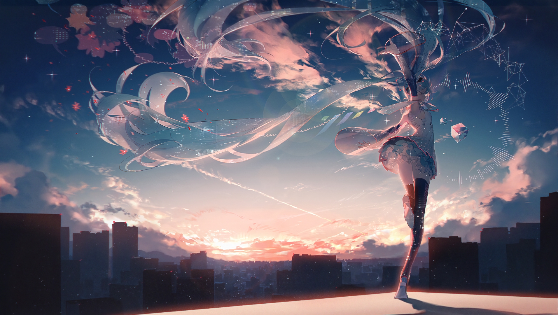 Anime 1913x1080 sky long hair dancing building anime girls clouds sunset sunset glow sunlight closed eyes cube stars