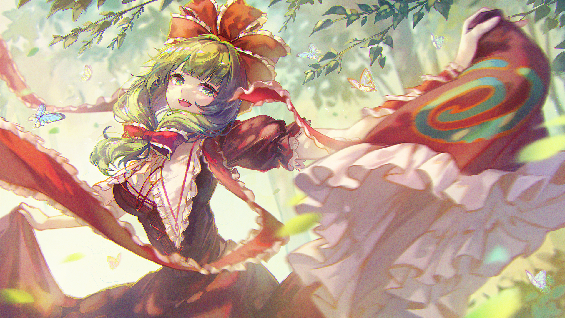 Anime 1920x1080 anime anime girls dress butterfly leaves branch trees looking at viewer green hair green eyes Touhou
