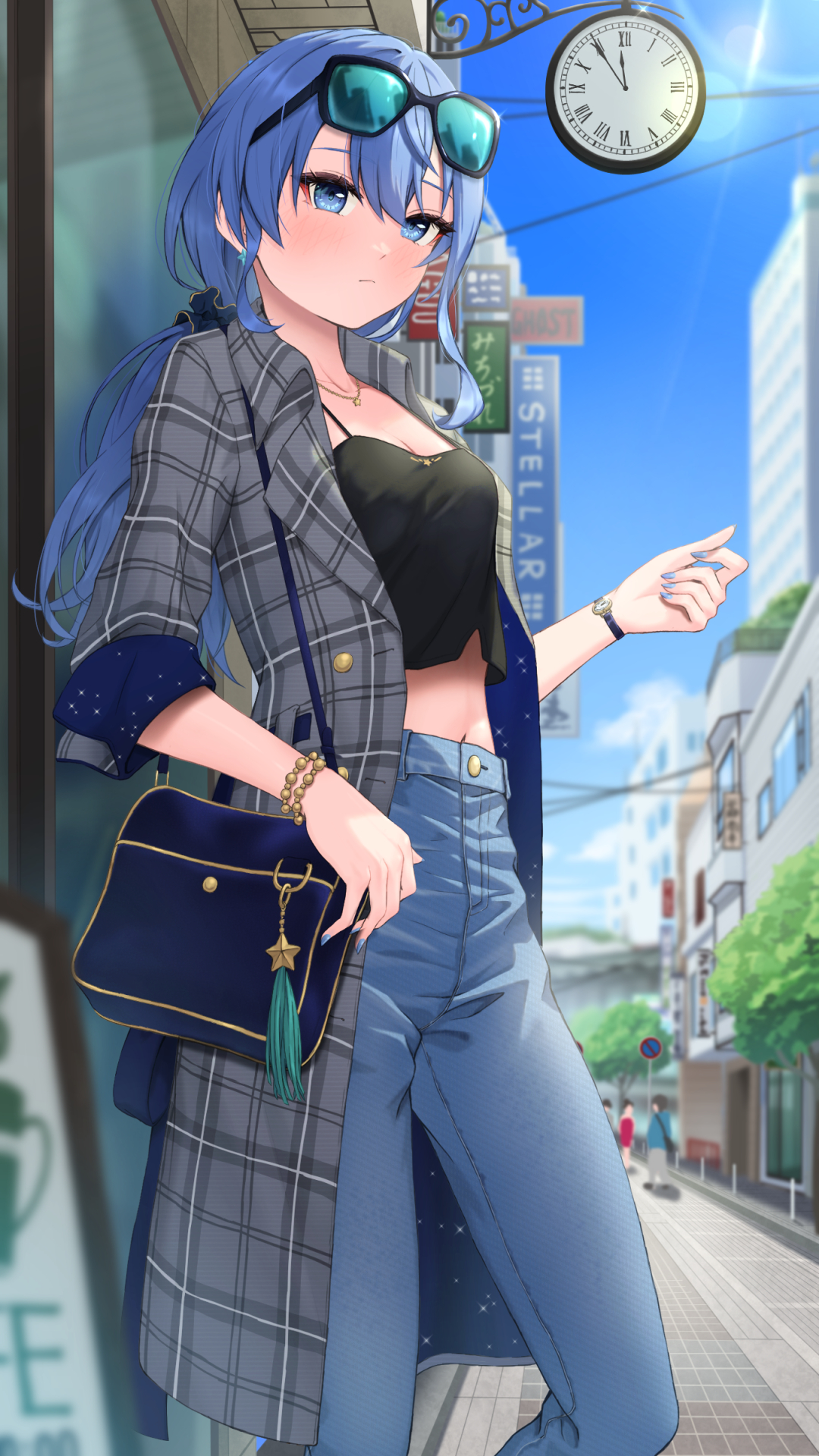 Anime 1080x1920 anime anime girls digital art artwork 2D Pixiv petite belly belly button bare midriff looking at viewer portrait display purse sky building blue hair blue eyes sunglasses clocks standing sunlight Hoshimachi Suisei Hololive